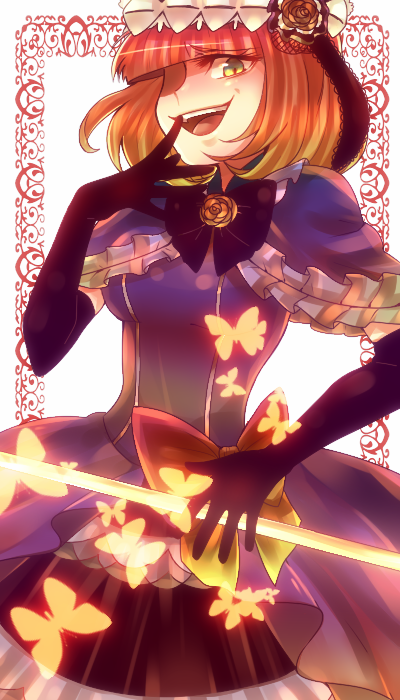 mk, eva beatrice, umineko no naku koro ni, bad id, bad pixiv id, 00s, 1girl, blue eyes, bow, bug, butterfly, dress, elbow gloves, female focus, flower, gloves, hat, orange hair, rose, solo, staff