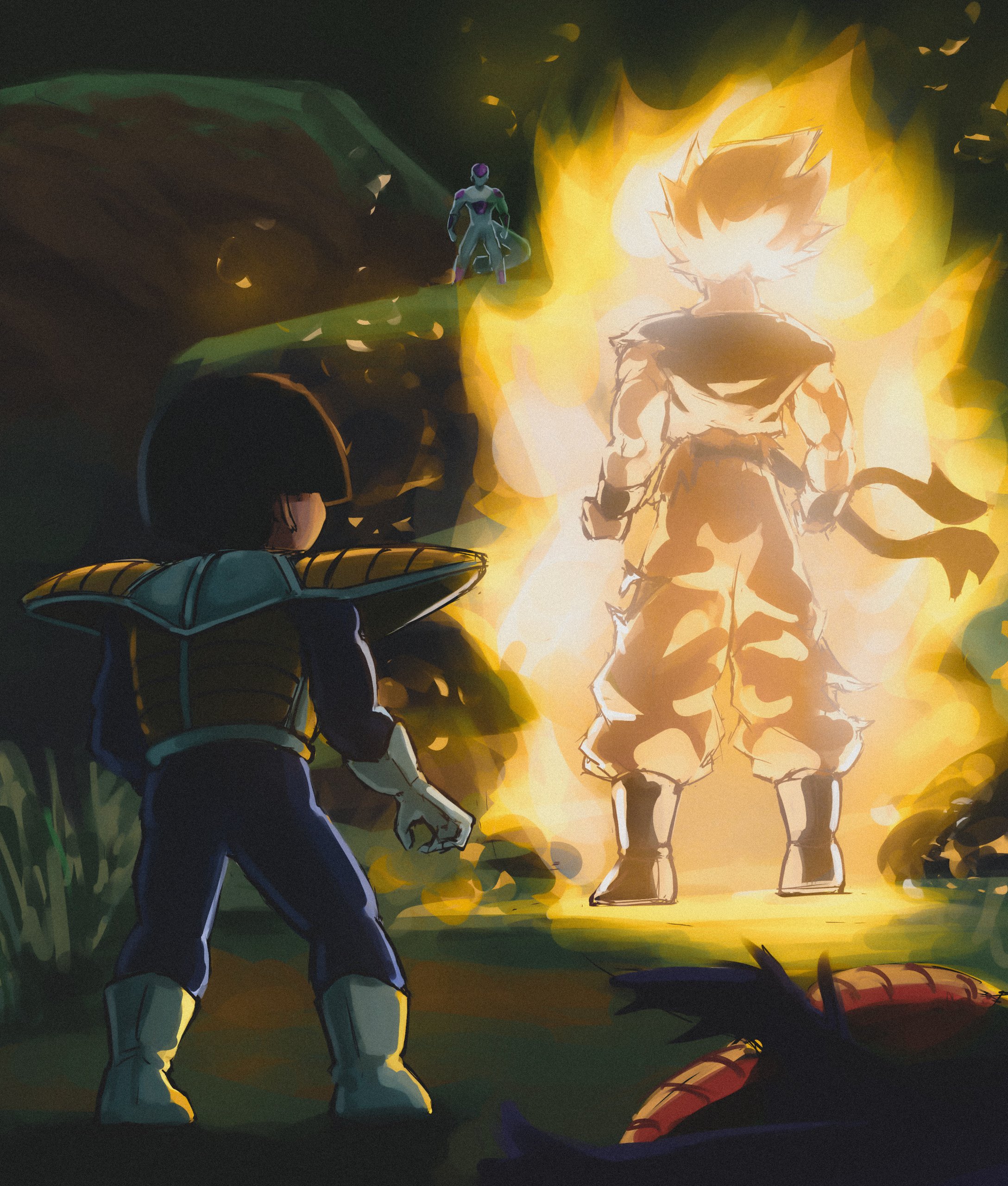 titanartx, final form frieza, frieza, piccolo, son gohan, son goku, dragon ball, dragonball z, absurdres, commentary, english commentary, highres, 4boys, aura, battle, black boots, black hair, blonde hair, blue bodysuit, bodysuit, boots, dougi, father and son, high heel boots, high heels, male focus, multiple boys, muscular, muscular male, namek, namekian, out of frame, outdoors, saiyan armor, short hair, spiked hair, super saiyan, super saiyan 1