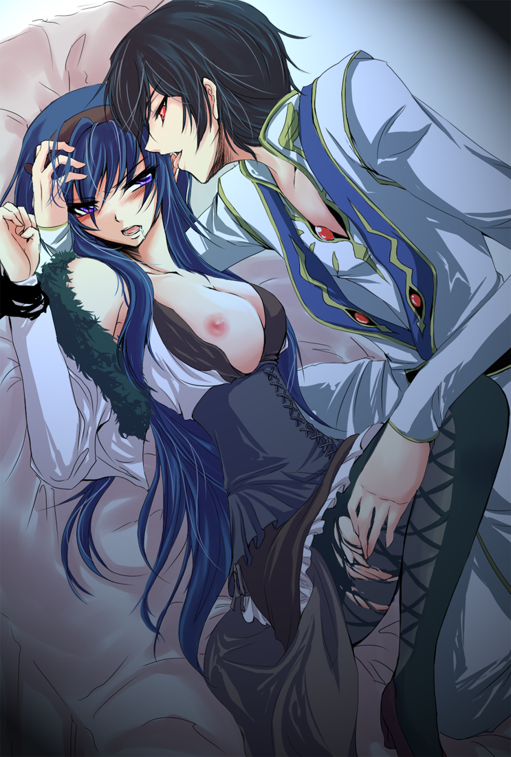 redblood, himemiya chikane, lelouch vi britannia, code geass, kannazuki no miko, torn legwear, 00s, 1boy, 1girl, blue hair, blush, breast slip, breasts, crossover, geass, hand on another's head, hetero, imminent rape, large breasts, nipples, one breast out, open clothes, open mouth, pantyhose, purple eyes, red eyes, saliva, thighhighs, torn clothes