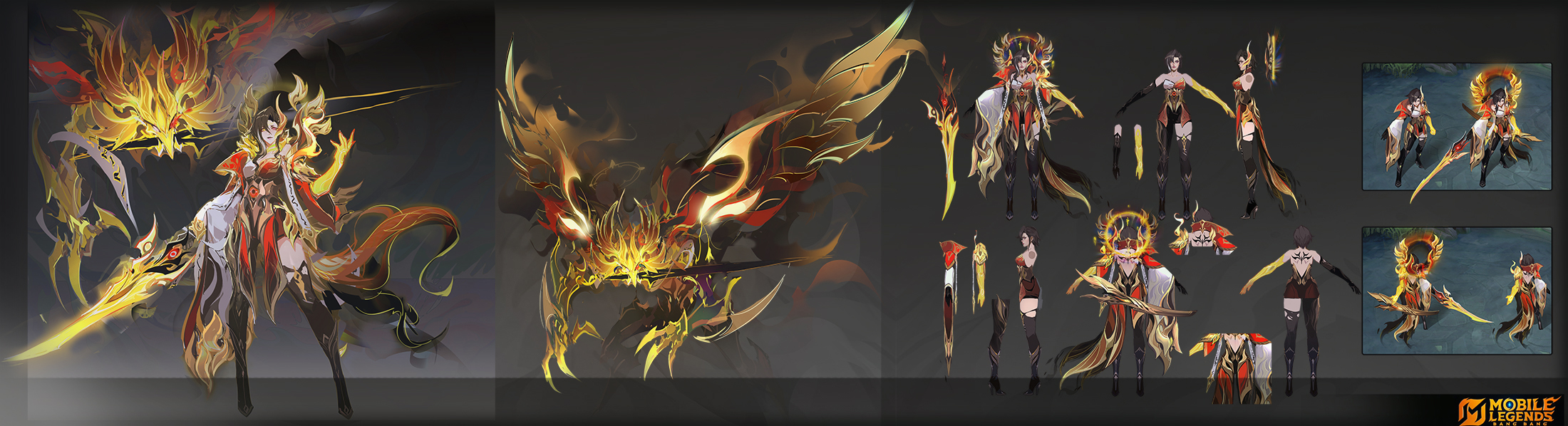 smjim1986, mobile legends: bang bang, highres, 1girl, asymmetrical legwear, black gloves, black hair, black thighhighs, breasts, copyright name, fire, flaming sword, flaming weapon, gloves, glowing arm, holding, holding sword, holding weapon, long hair, medium breasts, mouth hold, multiple views, pelvic curtain, reference sheet, single thighhigh, sword, thighhighs, weapon