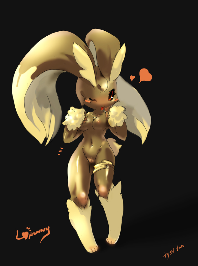 tyson tan, lopunny, nintendo, pokemon, animal ears, blush, breasts, furry, gen 4 pokemon, heart, one eye closed, pokemon (creature), pussy, rabbit ears, smile, tail, wink