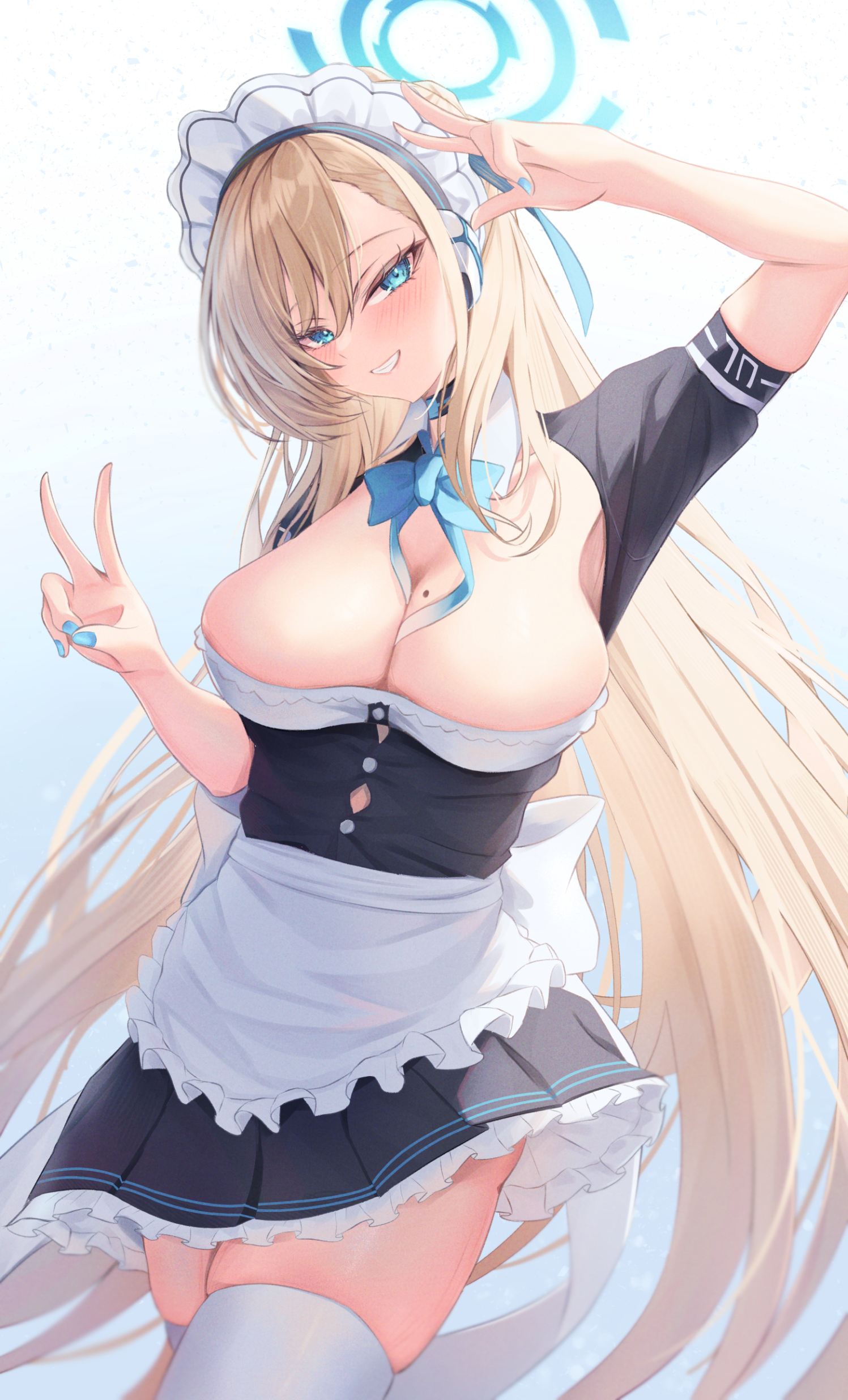 pennosuke, asuna (blue archive), blue archive, absurdres, commentary request, highres, 1girl, arm up, black choker, black dress, blonde hair, blue bow, blue eyes, blue halo, blue nails, bow, breasts, choker, cleaning & clearing (blue archive), cleavage, cleavage cutout, clothing cutout, collared dress, cowboy shot, dress, frilled dress, frills, grin, hair between eyes, half-closed eyes, halo, hand up, huge breasts, long hair, looking at viewer, maid headdress, mole, mole on breast, open mouth, short dress, short sleeves, simple background, smile, solo, swept bangs, thick thighs, thighhighs, thighs, two-tone dress, v, very long hair, w, white background, white dress, white thighhighs, wing collar, zettai ryouiki