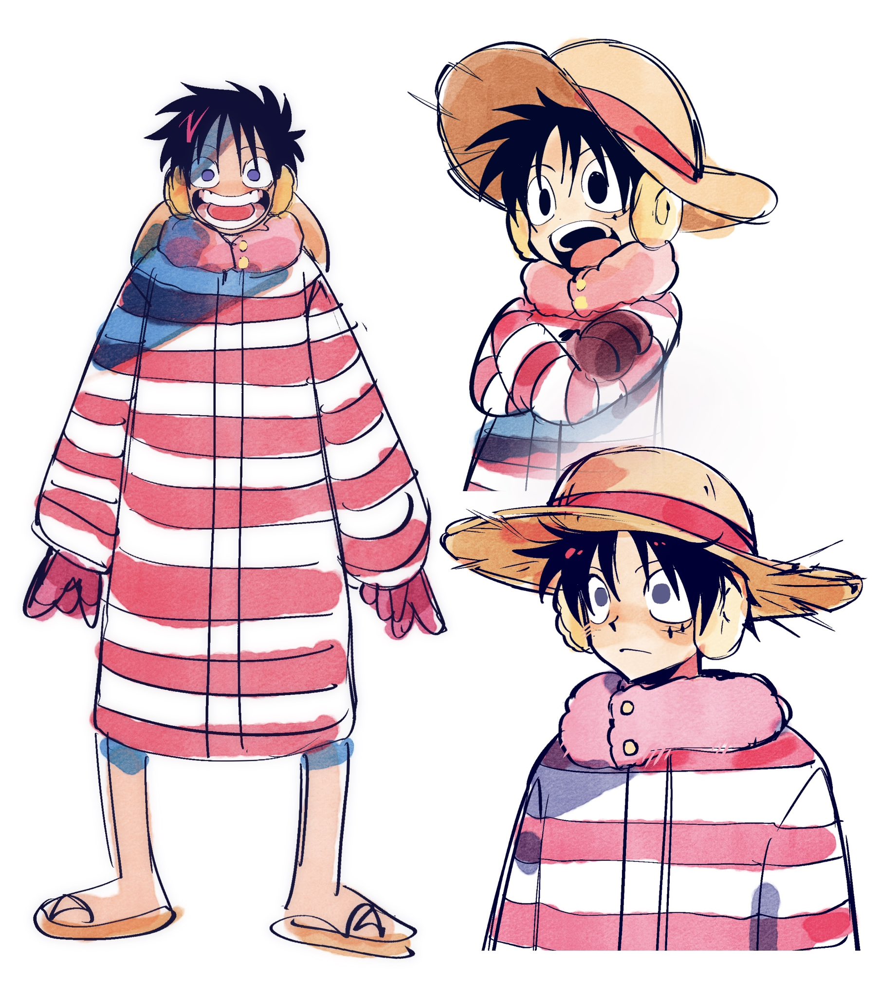ki2ri5, monkey d. luffy, one piece, commentary request, highres, 1boy, black hair, closed mouth, coat, crossed arms, earmuffs, facial scar, full body, fur-trimmed coat, fur trim, gloves, hat, long sleeves, male focus, multiple views, open mouth, red gloves, sandals, scar, scar on cheek, scar on face, short hair, simple background, standing, straight-on, straw hat, striped coat, upper body, white background