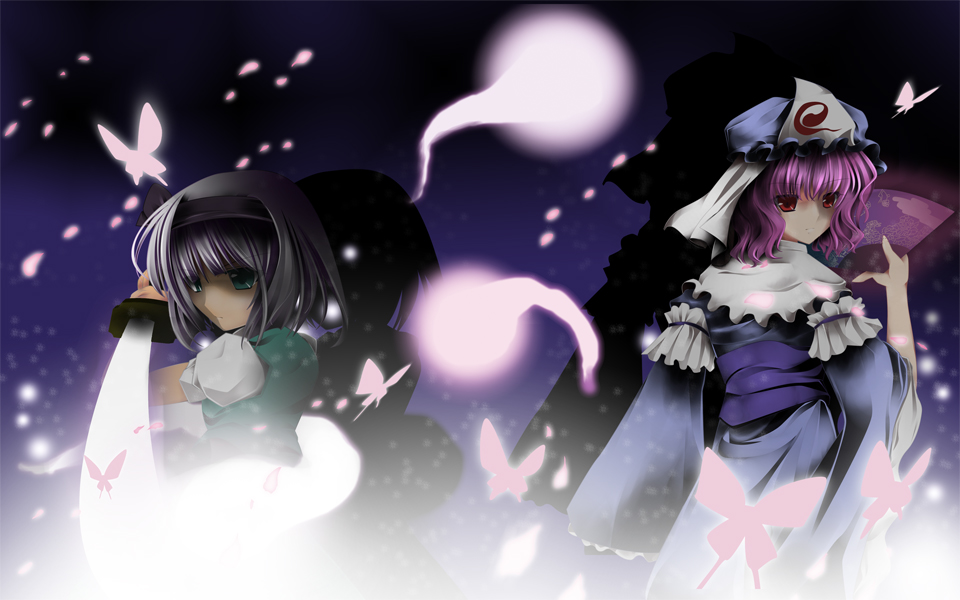 bunchin (siso junzy), konpaku youmu, konpaku youmu (ghost), saigyouji yuyuko, touhou, 2girls, cherry blossoms, female focus, ghost, green eyes, grey hair, hairband, hand fan, hat, hitodama, japanese clothes, katana, multiple girls, night, petals, pink eyes, pink hair, sword, weapon