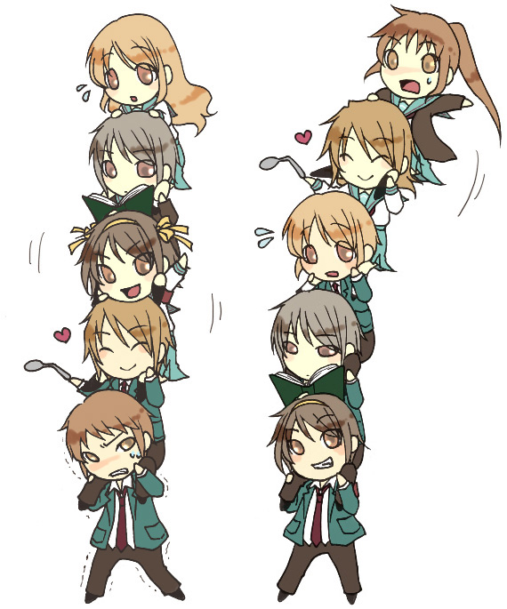 asahina mikuru, asahina mitsuru, koizumi itsuki, koizumi itsuki (female), kyon, kyonko, nagato yuki, nagato yuuki, suzumiya haruhi, suzumiya haruhiko, suzumiya haruhi no yuuutsu, gender request, 00s, chibi, dual persona, genderswap, human tower, stacking