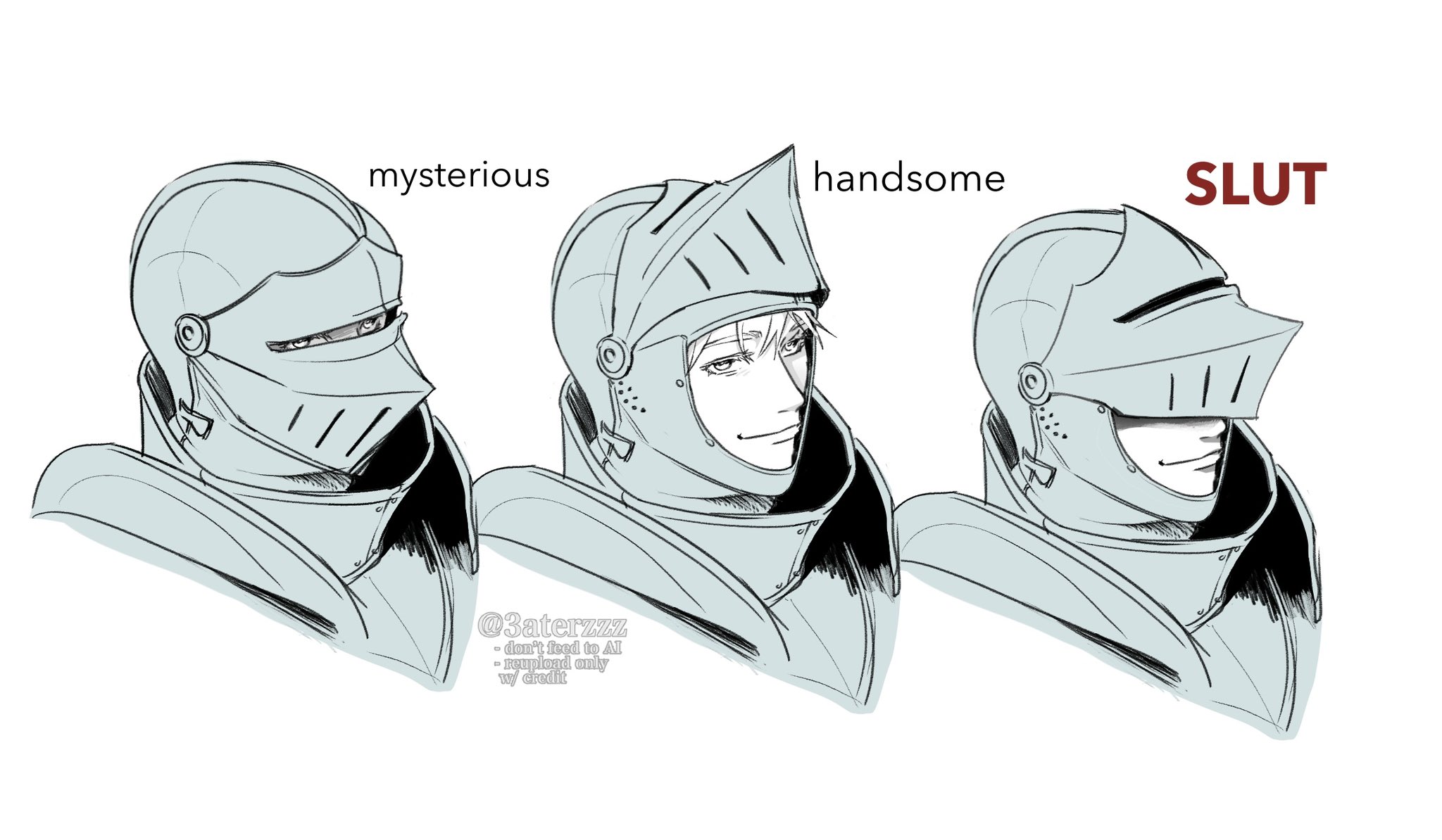 gojou satoru, jujutsu kaisen, commentary, english commentary, highres, 1boy, armor, closed mouth, collar, covered eyes, covered face, english text, from side, helmet, helmet over eyes, looking to the side, male focus, metal collar, multiple views, portrait, simple background, smile, solo, white background, white eyes