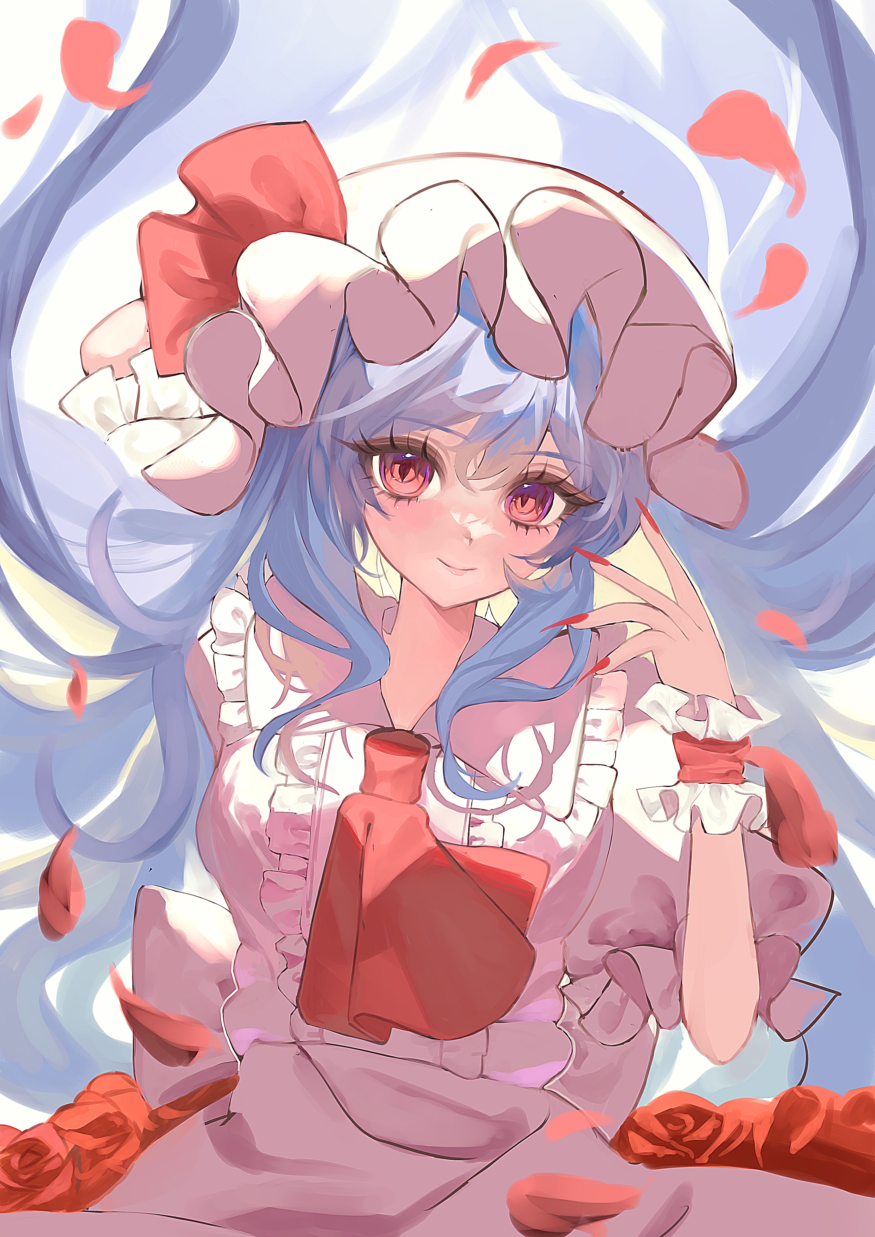 ebi mayopuri, remilia scarlet, touhou, absurdres, commentary, highres, symbol-only commentary, 1girl, alternate hair length, alternate hairstyle, ascot, blue hair, dress, eyelashes, frilled dress, frills, hat, long hair, looking at viewer, mob cap, pink dress, pink hat, red ascot, red eyes, red nails, smile, solo, very long hair