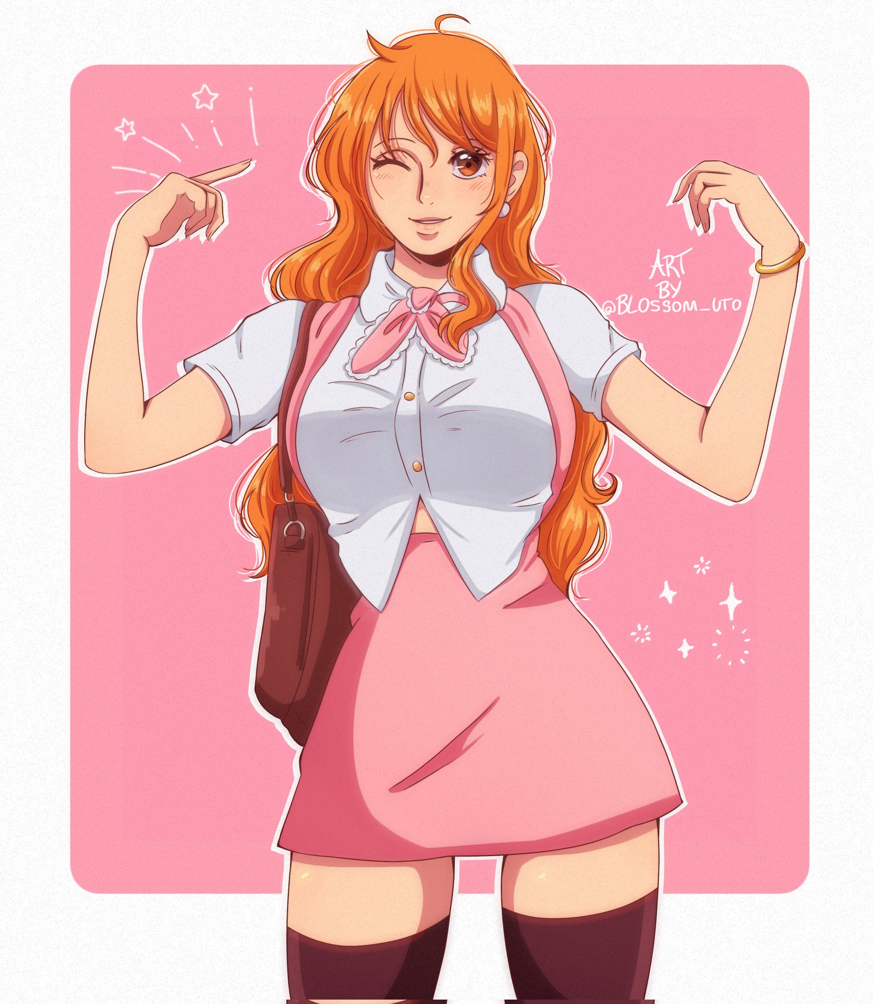 nami (one piece), one piece, commentary, english commentary, highres, 1girl, bag, bangle, blossom uto, border, bow, bowtie, bracelet, brown bag, brown eyes, brown thighhighs, collared shirt, cowboy shot, earrings, hands up, jewelry, light blush, long hair, looking at viewer, one eye closed, orange hair, parted lips, pearl earrings, pink background, pink bow, pink bowtie, pink skirt, shirt, short sleeves, shoulder bag, single sidelock, skirt, solo, star (symbol), straight-on, thighhighs, twitter username, wavy hair, white border, white shirt