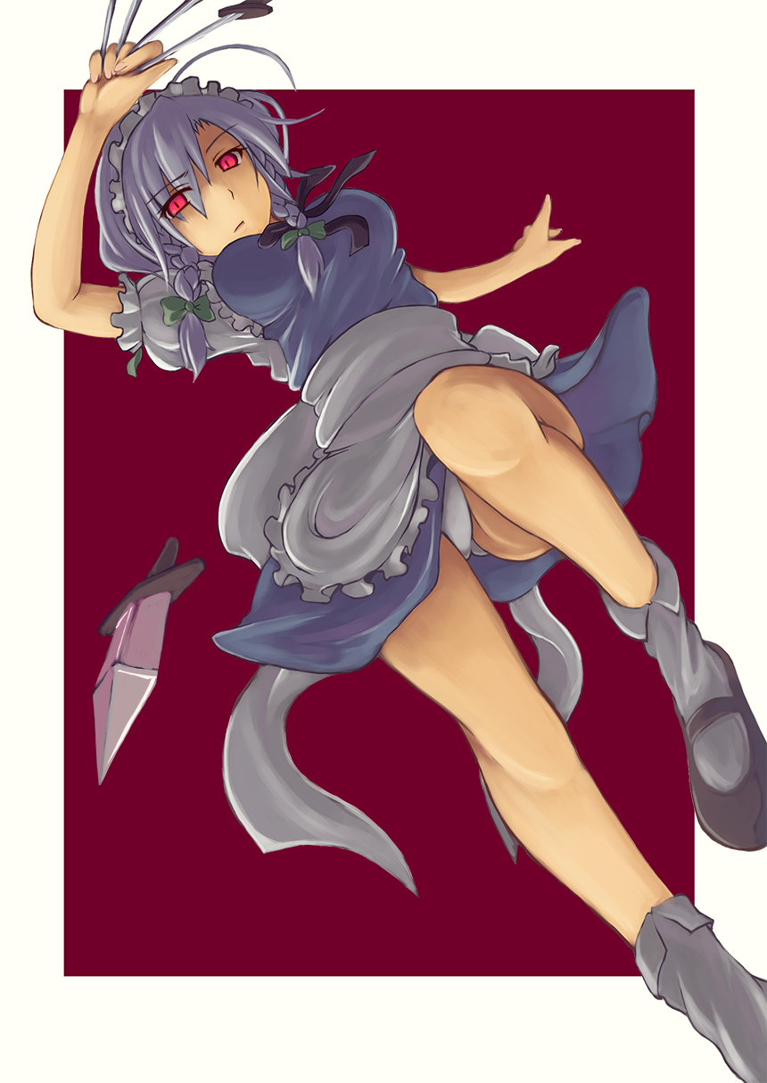 nanahara fuyuki, izayoi sakuya, embodiment of scarlet devil, touhou, silver hair, highres, 1girl, bow, braid, breasts, female focus, hair bow, knife, maid headdress, panties, red eyes, short hair, solo, throwing knife, twin braids, underwear, upskirt, weapon, white panties