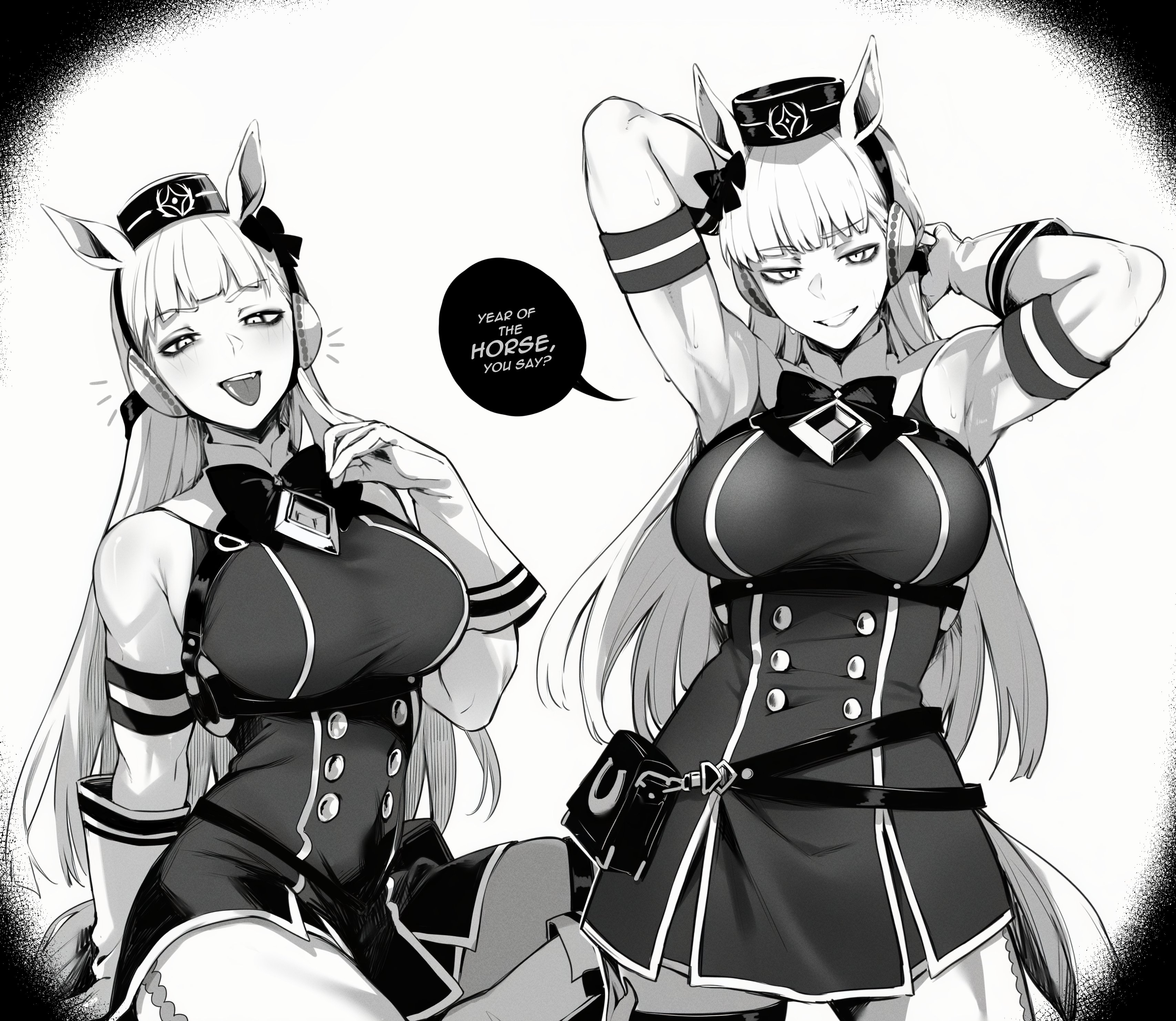 masoq, gold ship (red strife) (umamusume), gold ship (umamusume), umamusume, absurdres, commentary, highres, 1girl, :p, animal ears, armpits, breasts, english text, gloves, greyscale, hat, horse ears, horse girl, horse tail, large breasts, long hair, looking at viewer, monochrome, multiple views, muscular, muscular female, speech bubble, tail, tongue, tongue out