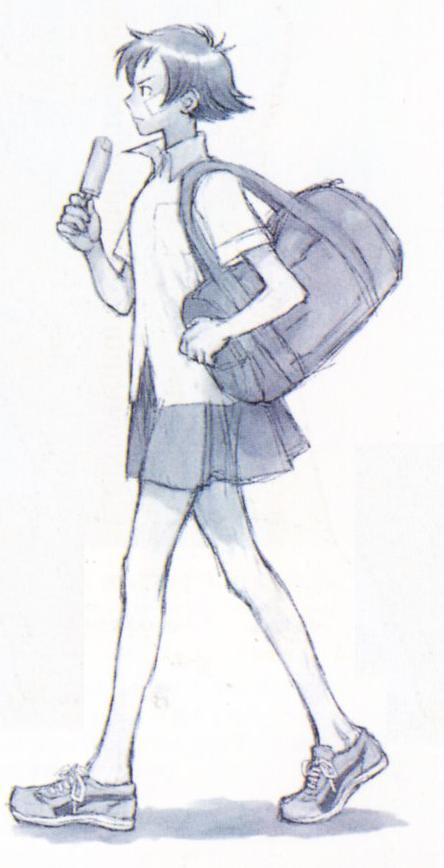 makoto (street fighter), capcom, street fighter, street fighter iii (series), 1girl, bag, bandages, blue theme, duffel bag, female focus, food, ice cream, monochrome, no socks, popsicle, running shoes, shirt, shoes, short hair, sketch, skirt, sneakers, solo