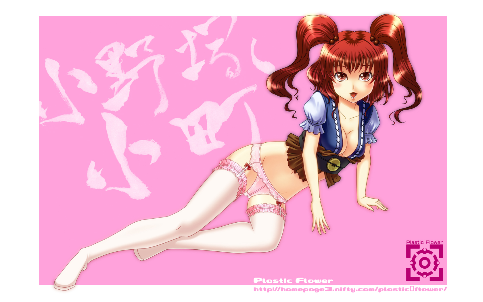 onoga yue, onozuka komachi, touhou, highres, 1girl, blush, breasts, character name, cleavage, female focus, full body, garter belt, hair bobbles, hair ornament, legs, lingerie, medium breasts, midriff, panties, pink panties, red eyes, red hair, short hair, solo, thighhighs, twintails, two side up, underwear, white thighhighs