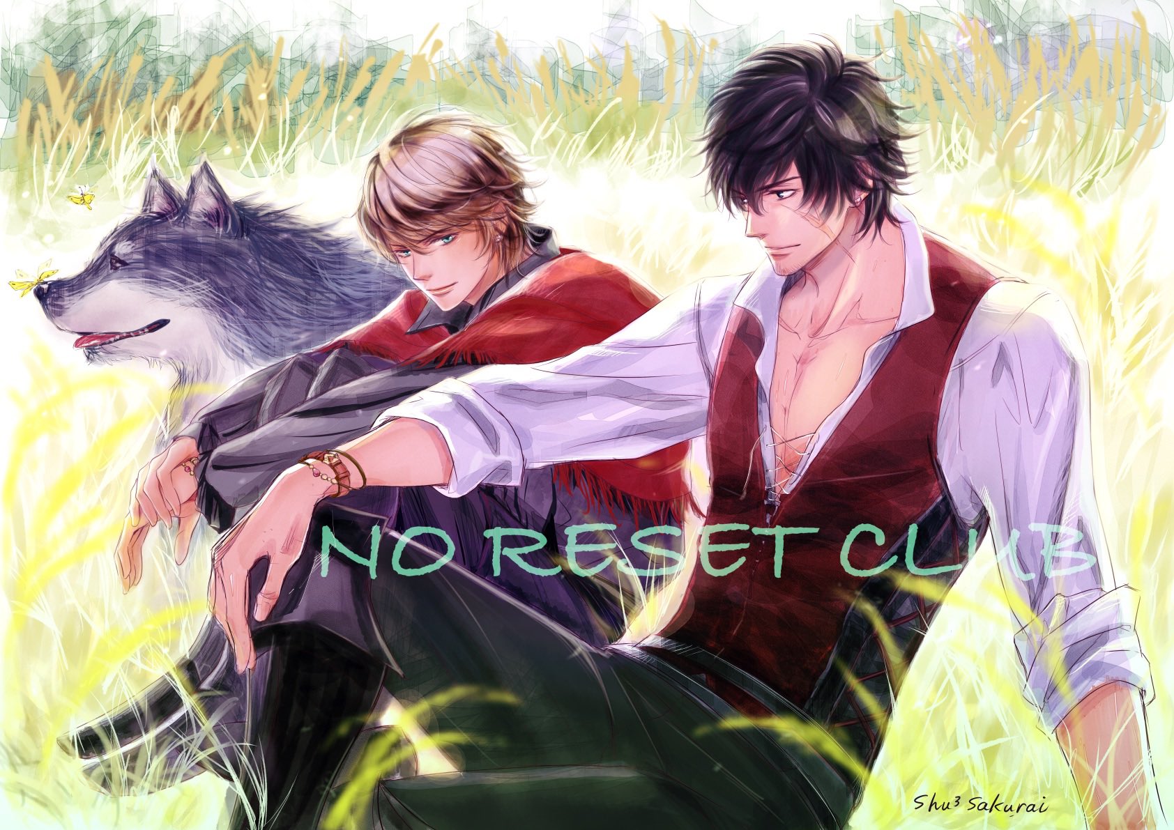 sakurai shushushu, clive rosfield, joshua rosfield, torgal (ff16), final fantasy, final fantasy xvi, commentary request, highres, 2boys, artist name, black boots, black hair, black pants, black shirt, blue eyes, boots, bracelet, brothers, brown hair, bug, butterfly, butterfly on nose, closed mouth, collared shirt, earrings, facial scar, hair between eyes, hugging own legs, insect, jewelry, light smile, looking at another, male focus, multiple boys, outdoors, pants, red vest, scar, scar on cheek, scar on face, shirt, short hair, siblings, sitting, sleeves rolled up, vest, white shirt, wolf