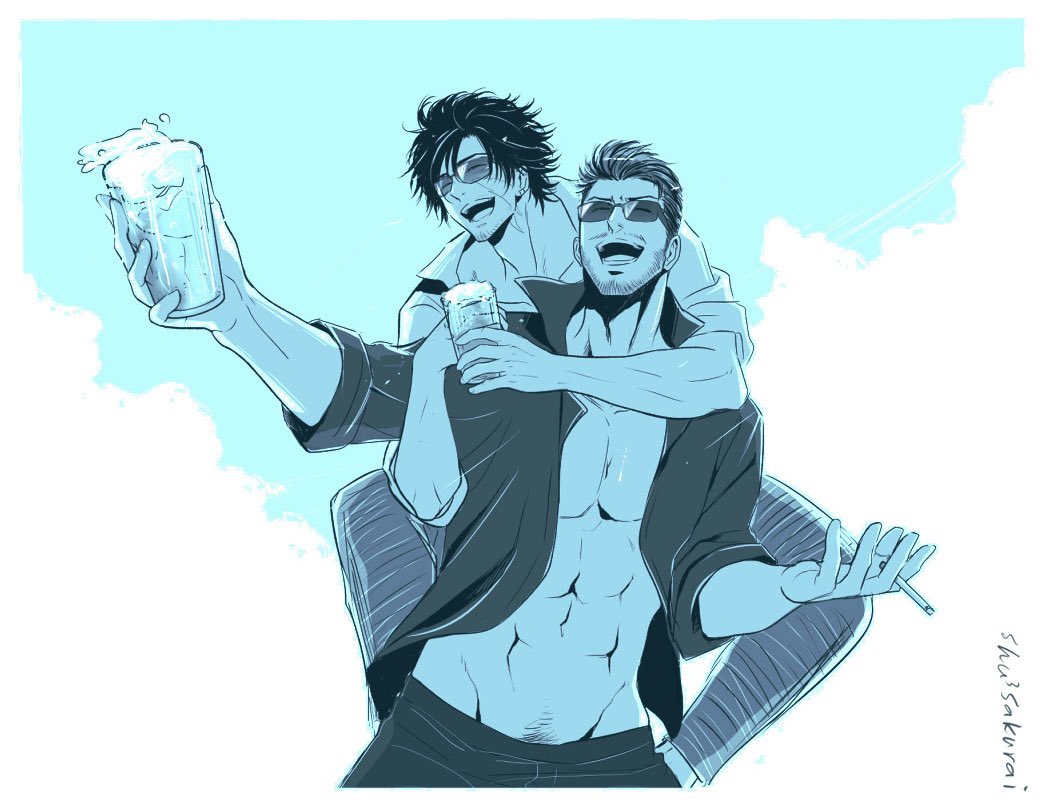 sakurai shushushu, cidolfus telamon, clive rosfield, final fantasy, final fantasy xvi, commentary, english commentary, 2boys, abs, arm around neck, artist name, beard, blue sky, carrying, cigarette, closed eyes, collared shirt, cup, earrings, facial hair, facial scar, feet out of frame, hair slicked back, holding, holding cigarette, holding cup, jewelry, laughing, male focus, monochrome, multiple boys, muscular, muscular male, open clothes, open mouth, open shirt, piggyback, pubic hair, pubic hair peek, scar, scar on cheek, scar on face, shirt, short hair, sky, smile, sunglasses, upper body, yaoi