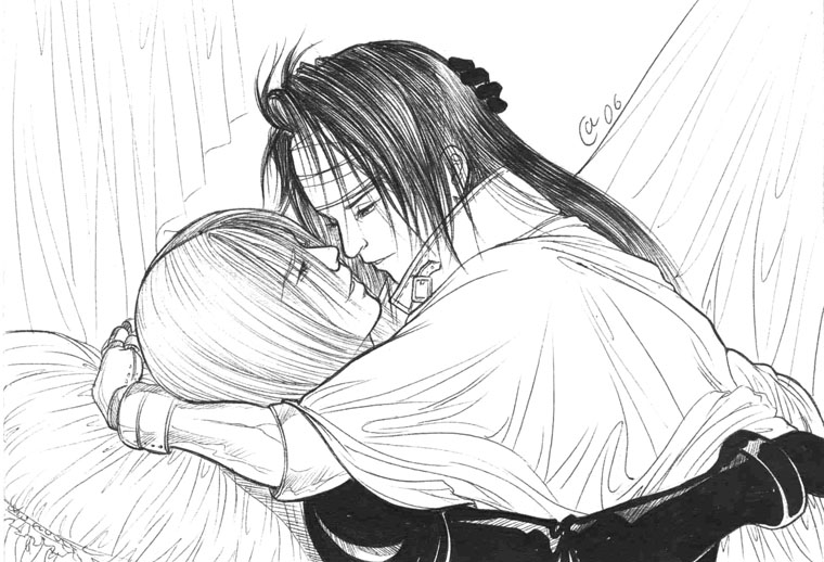 autumn sacura, kadaj, vincent valentine, final fantasy, final fantasy vii, traditional media, bed, monochrome, pencil, yaoi