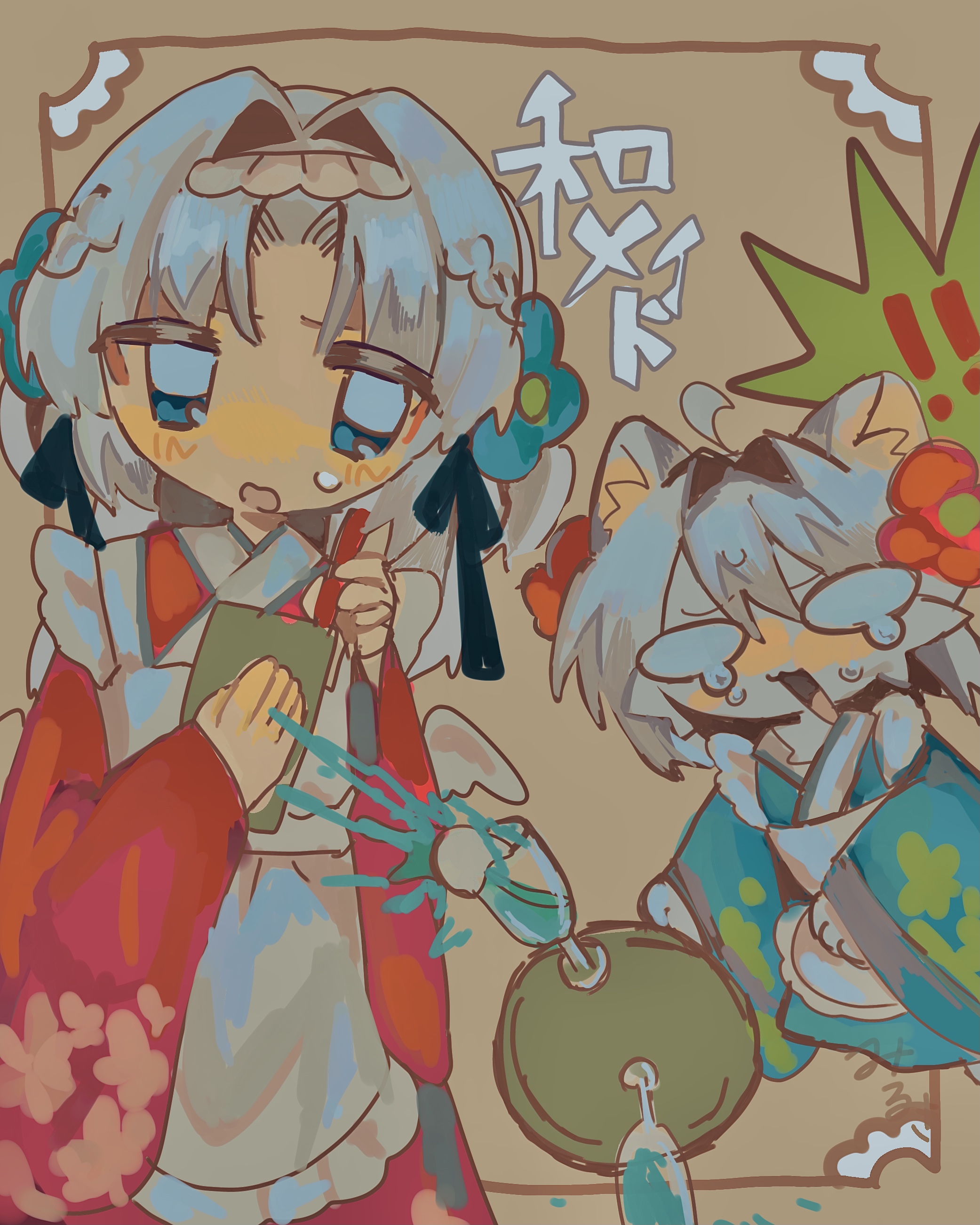 miruki (user vwfg2738), original, absurdres, commentary, highres, 2girls, animal ears, apron, blue flower, blue kimono, cat ears, cat girl, flower, grey hair, hair flower, hair intakes, hair ornament, holding, holding pen, japanese clothes, kimono, long sleeves, looking at viewer, maid, maid apron, multiple girls, open mouth, pen, red flower, red kimono, spilling, wa maid, white apron