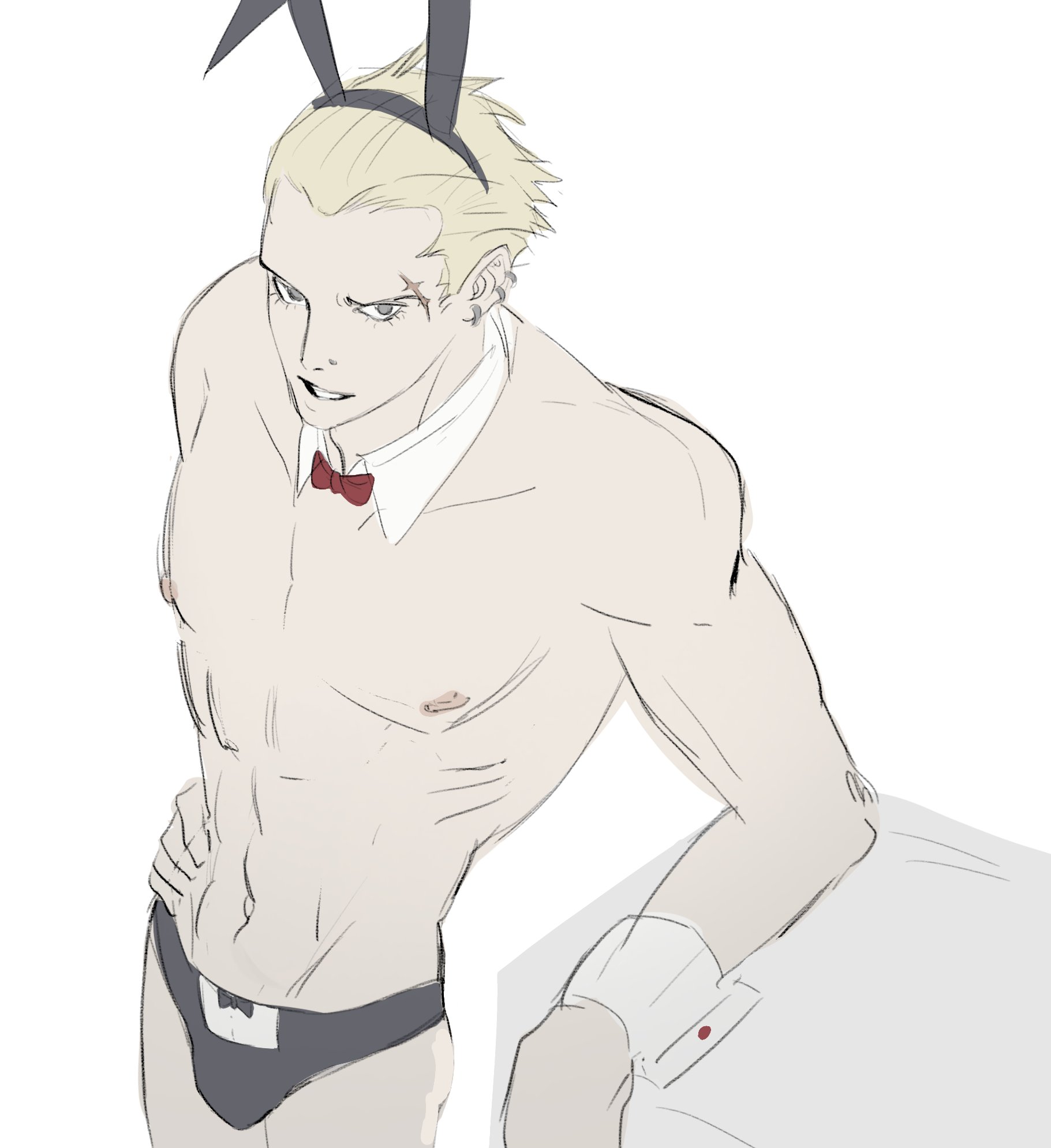tatsumi kanji, persona, persona 4, commentary, highres, korean commentary, 1boy, animal ears, blonde hair, bow, bowtie, cropped legs, detached collar, ear piercing, earrings, face piercing, hand on own hip, jewelry, longmong, male focus, nipples, nose piercing, parted lips, pectorals, piercing, rabbit ears, red bow, red bowtie, scar, scar on face, short hair, solo, teeth, topless male, upper body, white background, wrist cuffs