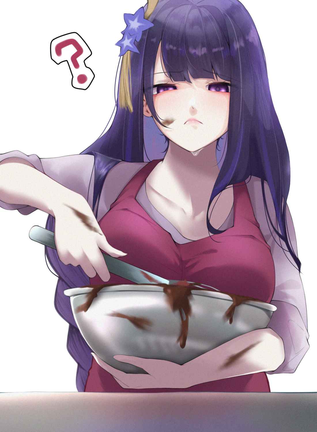 zr04, raiden shogun, genshin impact, commentary, highres, 1girl, alternate costume, annoyed, apron, blunt bangs, blush, bowl, braid, chocolate, closed mouth, confused, cooking, embarrassed, hair ornament, holding, holding bowl, long braid, looking down, no mole, purple eyes, purple hair, purple shirt, shirt, simple background, single braid, sleeves rolled up, solo, standing, stirring, sweat, table, upper body, valentine, white background