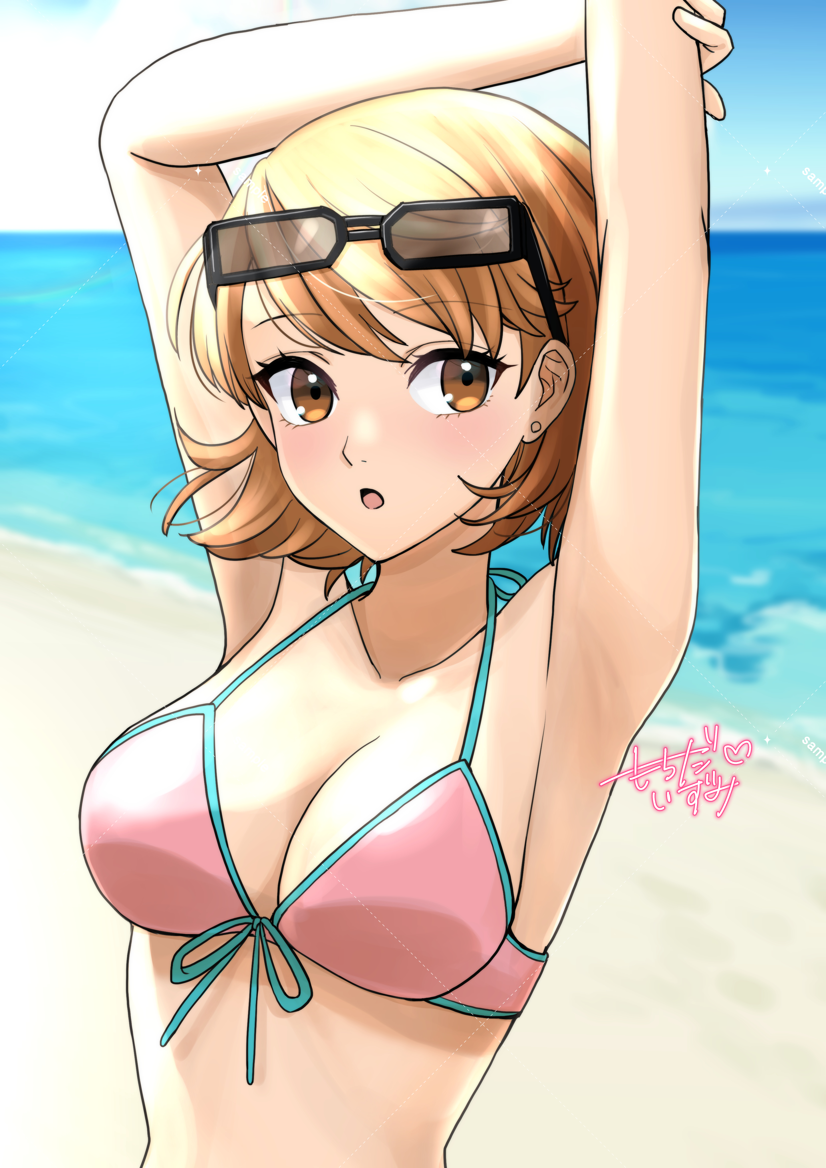kanzaki izumi, takeba yukari, persona, persona 3, persona 3 reload, absurdres, commentary request, highres, 1girl, armpits, arms up, bare shoulders, beach, bikini, blue sky, blue trim, blush, breasts, brown eyes, brown hair, cleavage, collarbone, day, earrings, eyewear on head, flipped hair, front-tie bikini top, front-tie top, halterneck, hand on own arm, heart, horizon, jewelry, large breasts, ocean, official alternate costume, open mouth, outdoors, pink bikini, sand, short hair, signature, sky, solo, stud earrings, sunglasses, swimsuit, upper body