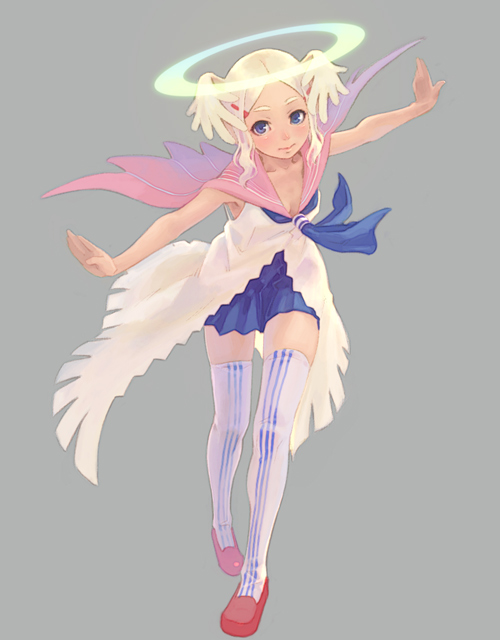 weno, original, 1girl, angel, blonde hair, blue eyes, female focus, full body, halo, legs, lips, outstretched arms, school uniform, serafuku, simple background, solo, spread arms, thighhighs