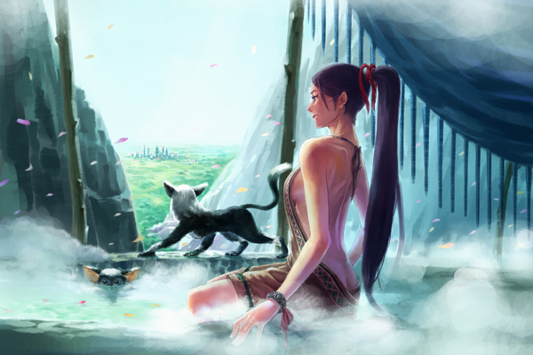 oropi, 1girl, animal, back, backless outfit, bare back, breasts, butt crack, cityscape, female focus, hair ribbon, long hair, medium breasts, onsen, petals, ponytail, ribbon, scenery, sideboob, sitting, solo, steam, very long hair