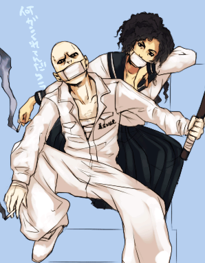 furayu (flayu), numeri (pixiv), bellatrix lestrange, voldemort, lowres, 1boy, 1girl, black hair, cigarette, mask, school uniform