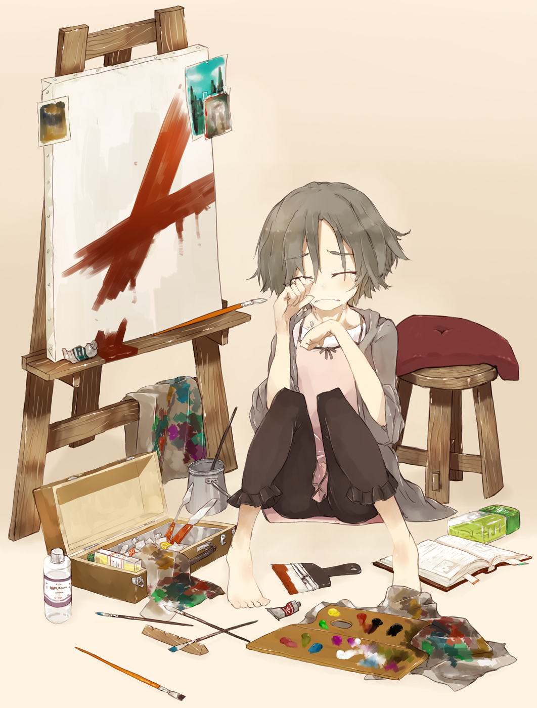 ccru, oekaki musume, original, bad id, bad pixiv id, highres, 1girl, art brush, barefoot, book, canvas (object), closed eyes, easel, female focus, grey hair, paint, paint palette, paintbrush, painting (action), short hair, sitting, sleeves pushed up, solo, stool, tears