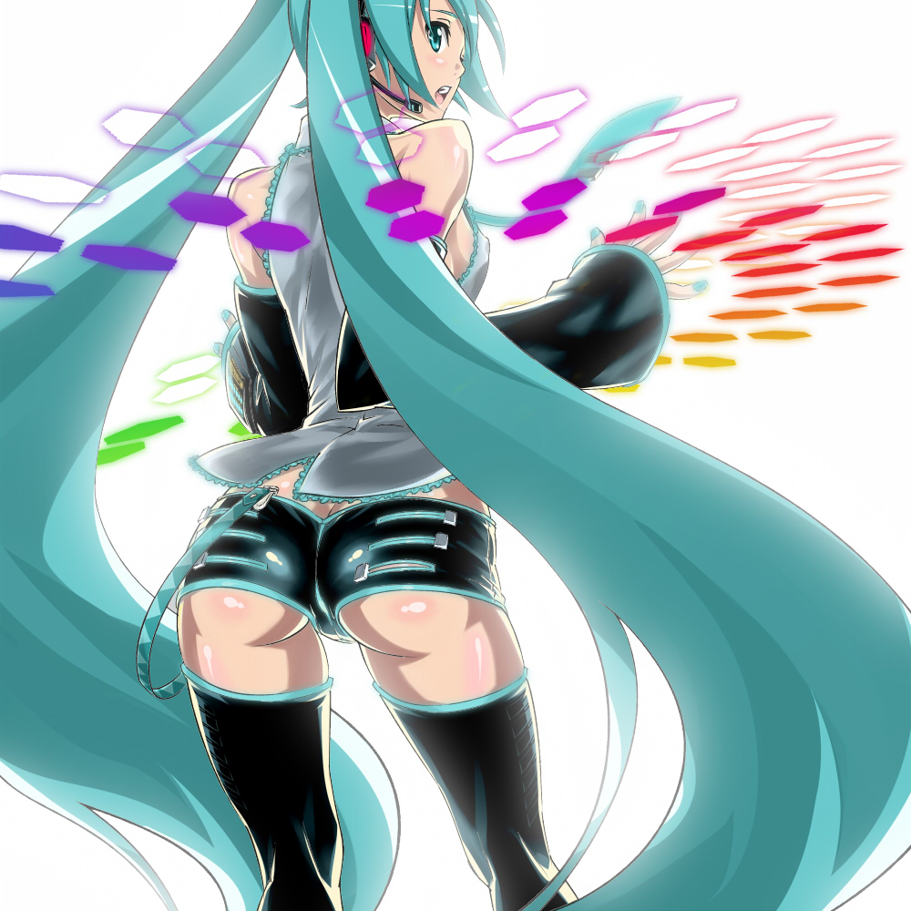 suna (sandworks), hatsune miku, vocaloid, 1girl, aqua hair, aqua nails, ass, butt crack, female focus, from behind, long hair, looking back, nail polish, open mouth, short shorts, shorts, solo, thighhighs, thighs, twintails, very long hair