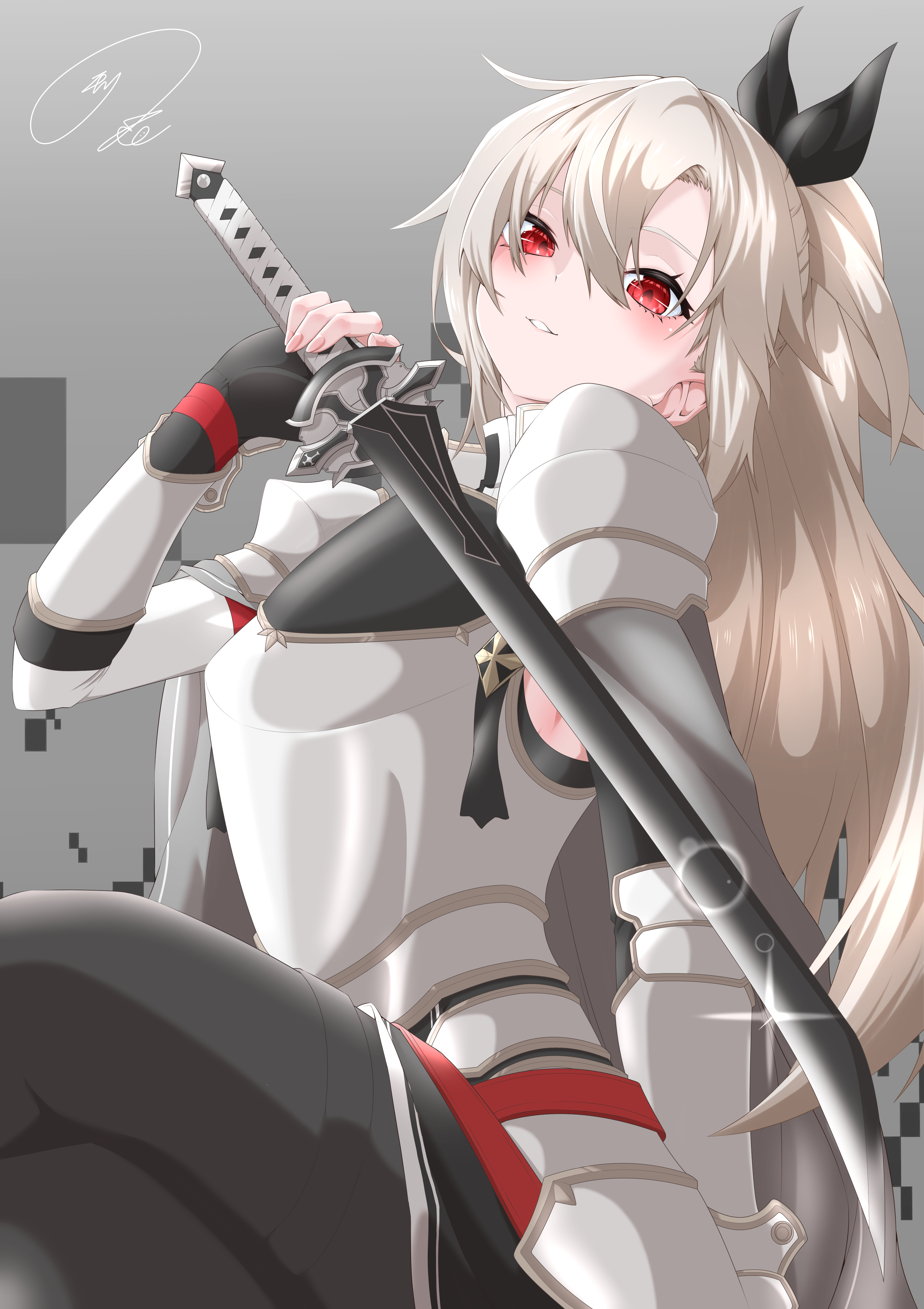 maximum7010, eydis (sao), sword art online, sword art online: alicization, sword art online: unleashed blading, absurdres, commentary request, highres, 1girl, armor, black armor, black gloves, black pants, black ribbon, breasts, cowboy shot, crossed legs, cuirass, fingerless gloves, glint, gloves, grey armor, grey background, grey hair, hair between eyes, hair ribbon, integrity knight armor, long hair, medium breasts, pants, parted lips, pauldrons, ponytail, red eyes, ribbon, shoulder armor, signature, sitting, smile, solo, swept bangs, vambraces