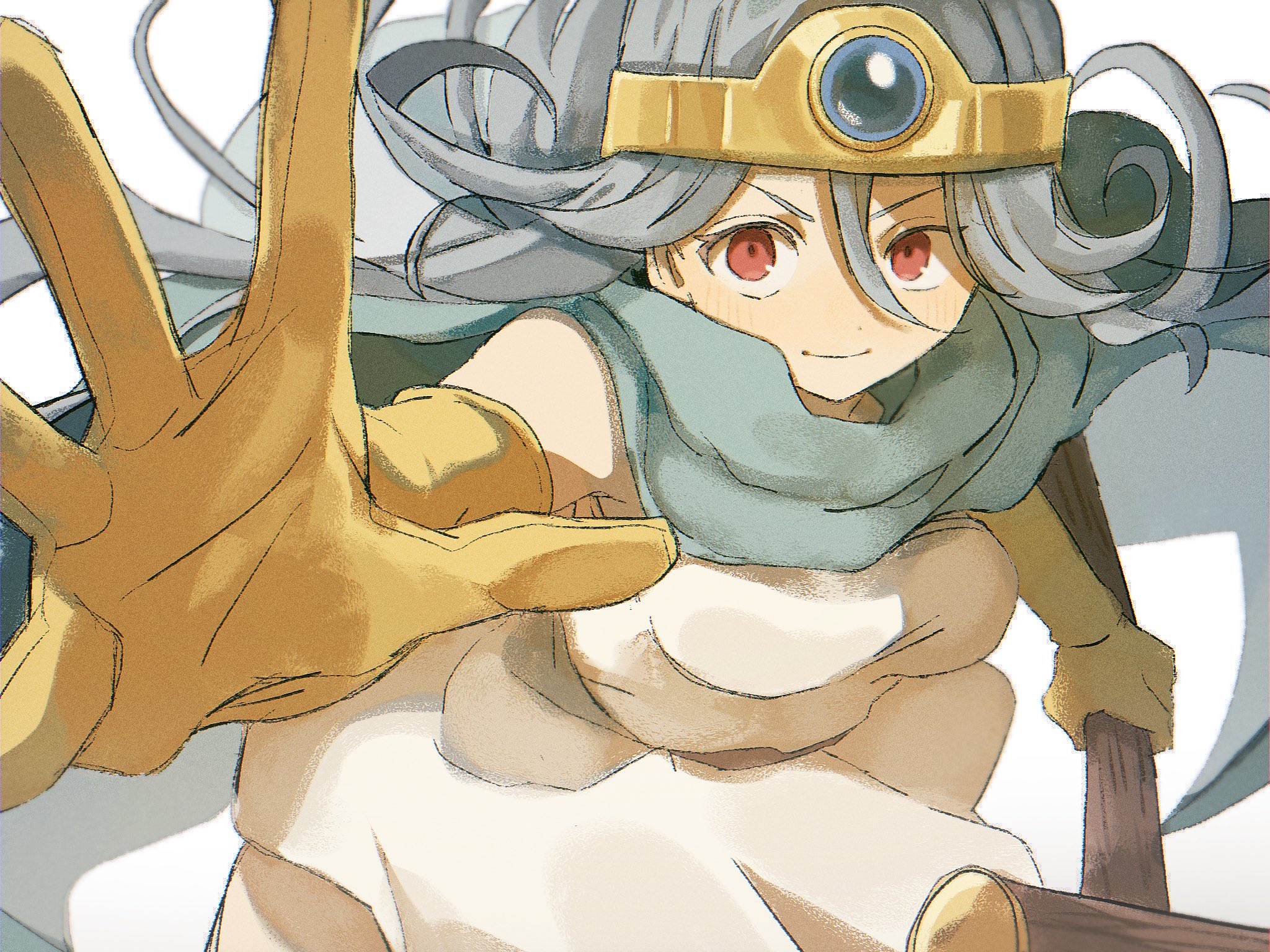 magainu, sage (dq3), dragon quest, dragon quest iii, blue gem, commentary request, highres, 1girl, blue cloak, breasts, circlet, cloak, dress, gem, gloves, grey hair, hair between eyes, holding, holding staff, light blush, long hair, looking at viewer, medium breasts, outstretched hand, red eyes, smile, solo, staff, upper body, white background, white dress, yellow gloves