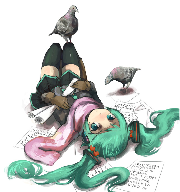 kasa (hitori sanka), hatsune miku, vocaloid, 1girl, aqua eyes, aqua hair, bird, dove, female focus, gloves, long hair, looking at viewer, lying, necktie, on back, paper, pigeon, scarf, simple background, skirt, solo, thighhighs, twintails, upside-down, zettai ryouiki