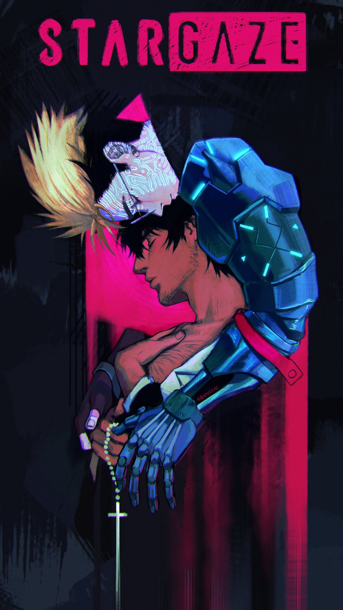 nicholas d. wolfwood, vash the stampede, trigun, trigun stampede, commentary, english commentary, highres, 2boys, black gloves, black hair, blonde hair, closed eyes, dark-skinned male, dark skin, english text, facial mark, from side, glasses, gloves, haedyllic, hand on own chest, holding, layered sleeves, long sleeves, male focus, mechanical arms, multicolored hair, multiple boys, prosthesis, prosthetic arm, rosary, short hair, single glove, single mechanical arm, two-tone hair, yaoi