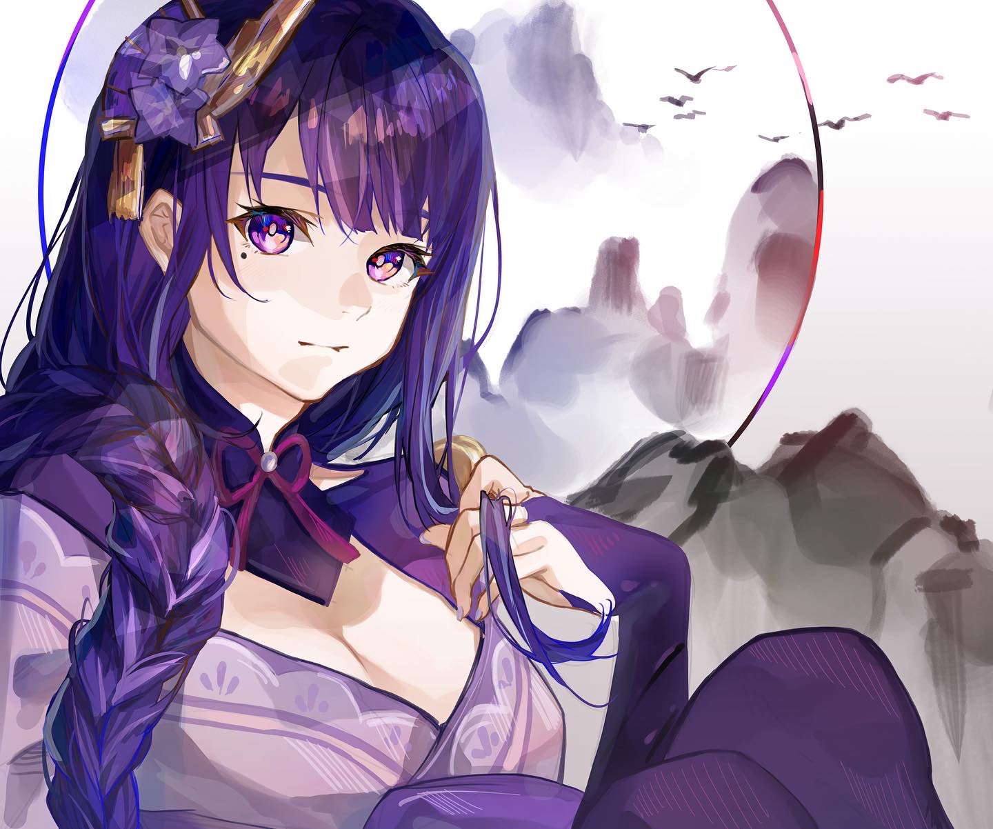 oriori 0201, raiden shogun, genshin impact, commentary, highres, 1girl, blunt bangs, braid, breasts, bridal gauntlets, cleavage, closed mouth, fan hair ornament, grey background, hair ornament, hair over shoulder, head tilt, holding, holding own hair, ink wash painting, japanese clothes, kimono, knees up, long braid, looking at viewer, medium breasts, mitsudomoe (shape), mole, mole under eye, multicolored hair, neck ribbon, purple eyes, purple hair, purple kimono, purple thighhighs, red ribbon, red sash, ribbon, sash, shade, single braid, sitting, solo, streaked hair, thighhighs, tomoe (symbol), upper body