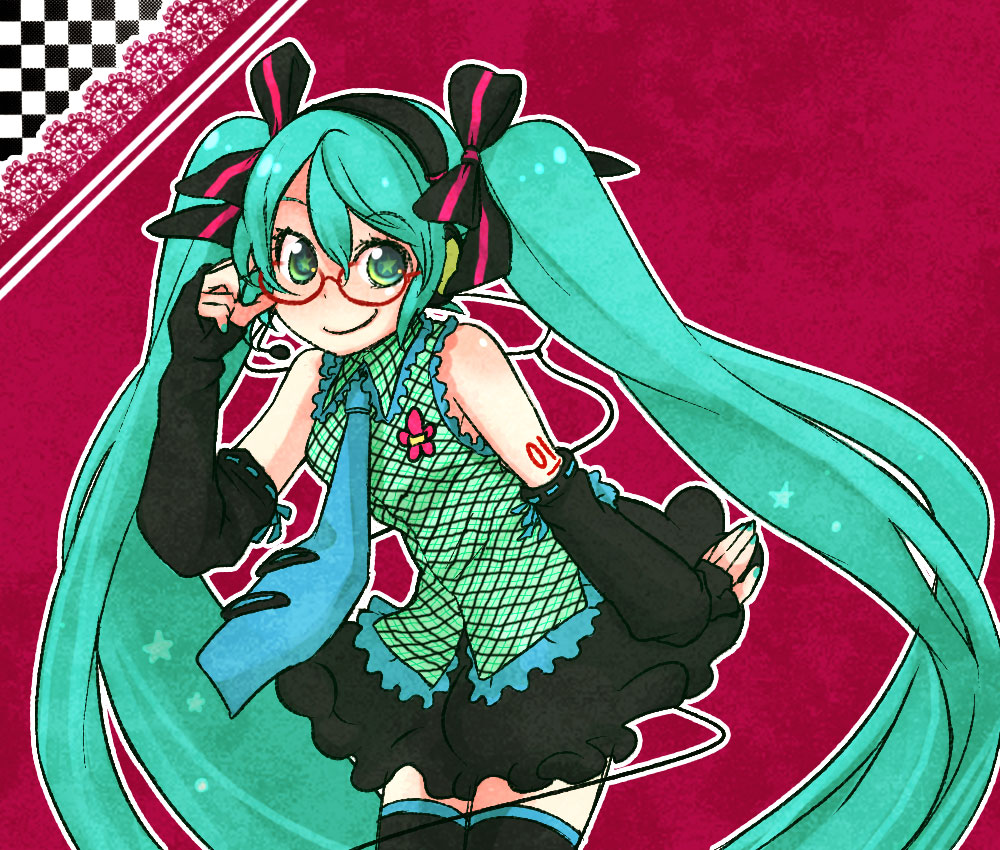 shinryou rei, hatsune miku, vocaloid, + +, 1girl, aqua eyes, aqua hair, bespectacled, bow, detached sleeves, female focus, fingerless gloves, glasses, gloves, hair bow, hair ribbon, headphones, long hair, ribbon, skirt, smile, solo, thighhighs, twintails, very long hair, zettai ryouiki