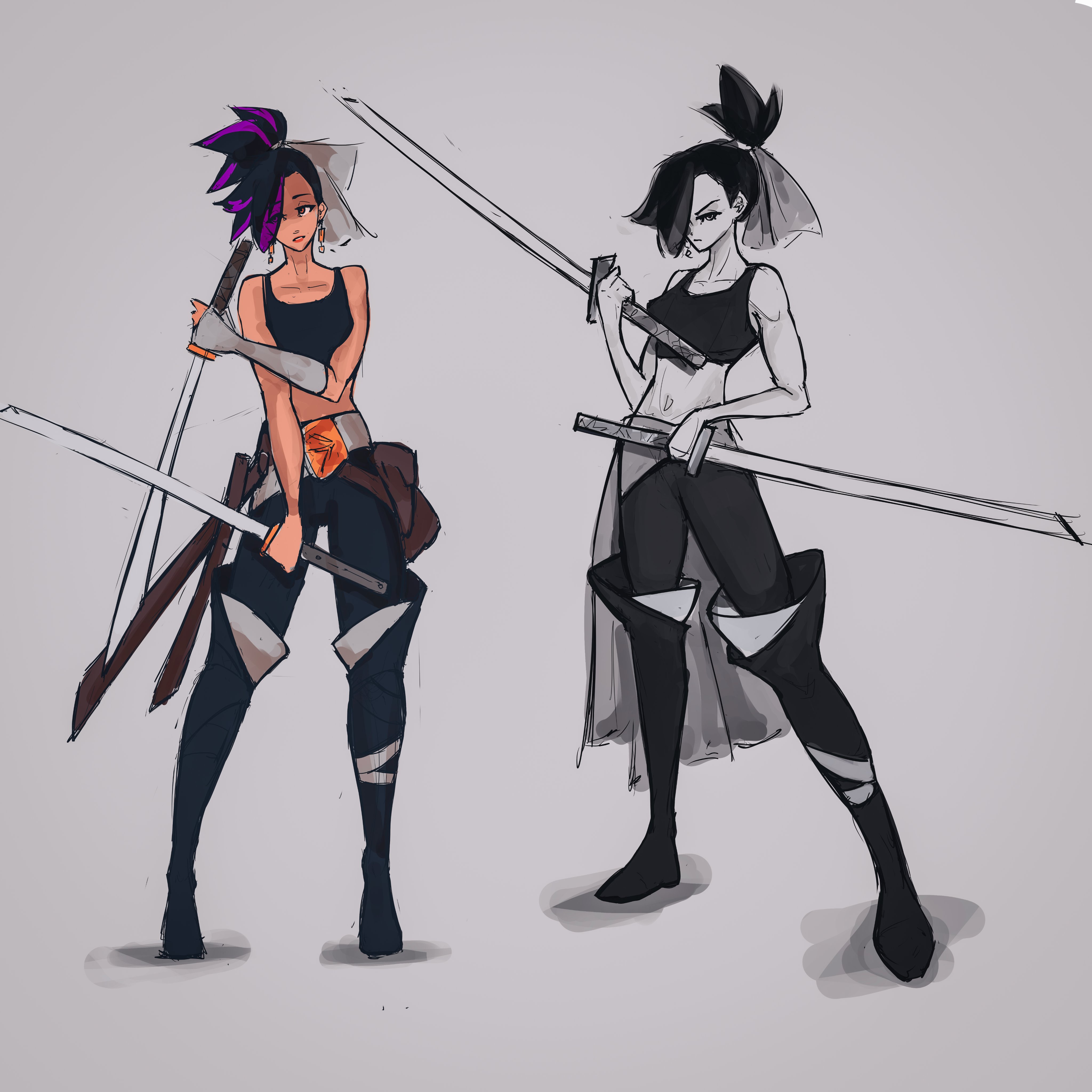 titanartx, original, absurdres, commentary, english commentary, highres, 1girl, black boots, black hair, black pants, black sports bra, boots, closed mouth, grey background, holding, holding sword, holding weapon, katana, multicolored hair, multiple swords, multiple views, orange eyes, pants, ponytail, purple hair, short hair, short ponytail, simple background, sketch, sports bra, standing, sword, two-tone hair, weapon