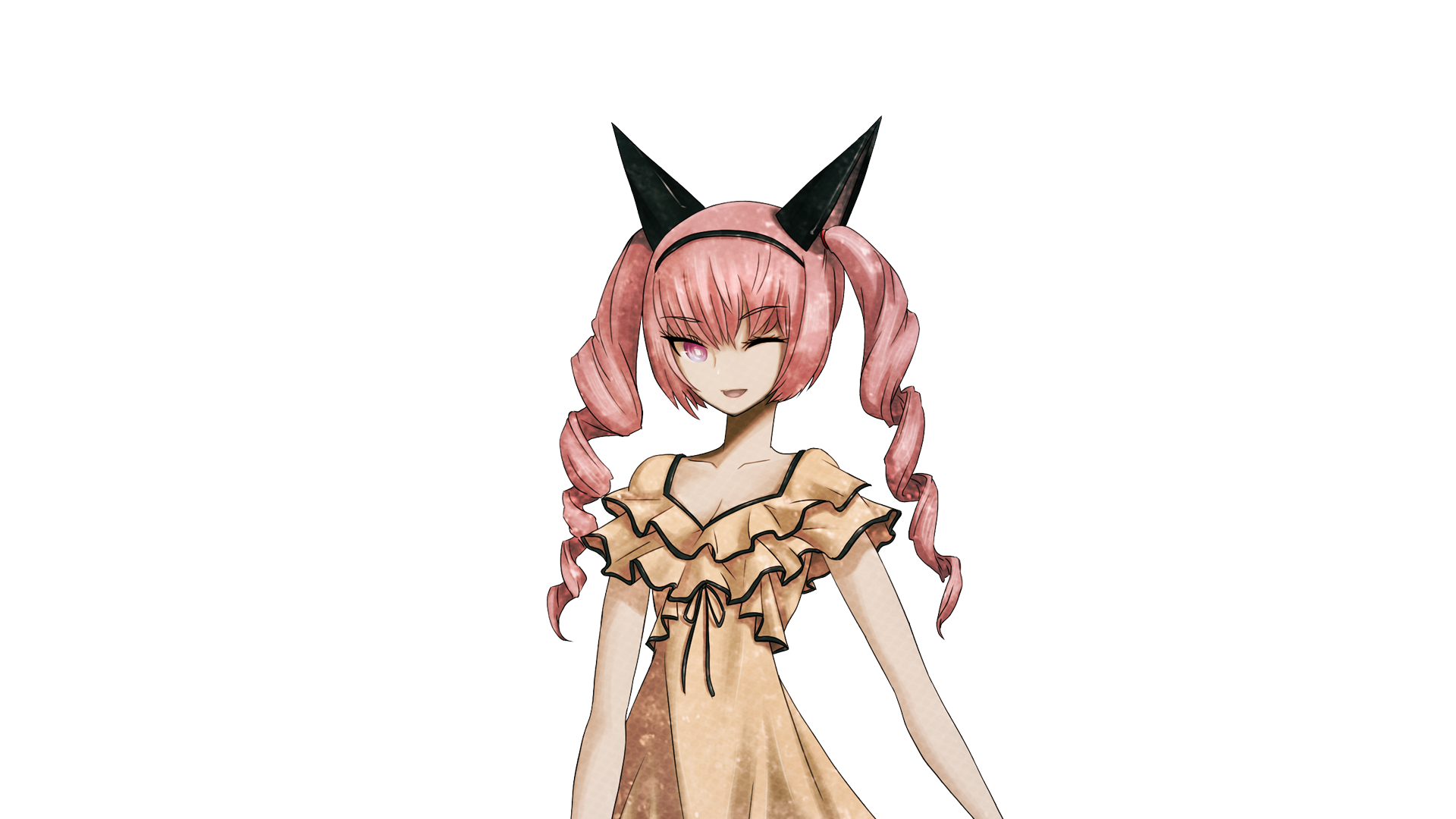 huke, akiha rumiho, science adventure, steins;gate, game cg, highres, non-web source, official art, 1girl, animal ear hairband, animal ears, breasts, casual, cat ears, cleavage, collar, collarbone, dress, drill hair, fake animal ears, frilled collar, frilled dress, frills, hairband, long hair, looking at viewer, open mouth, pink eyes, pink hair, ringed eyes, solo, sprite, transparent background, tsurime, twin drills, twintails, yellow dress