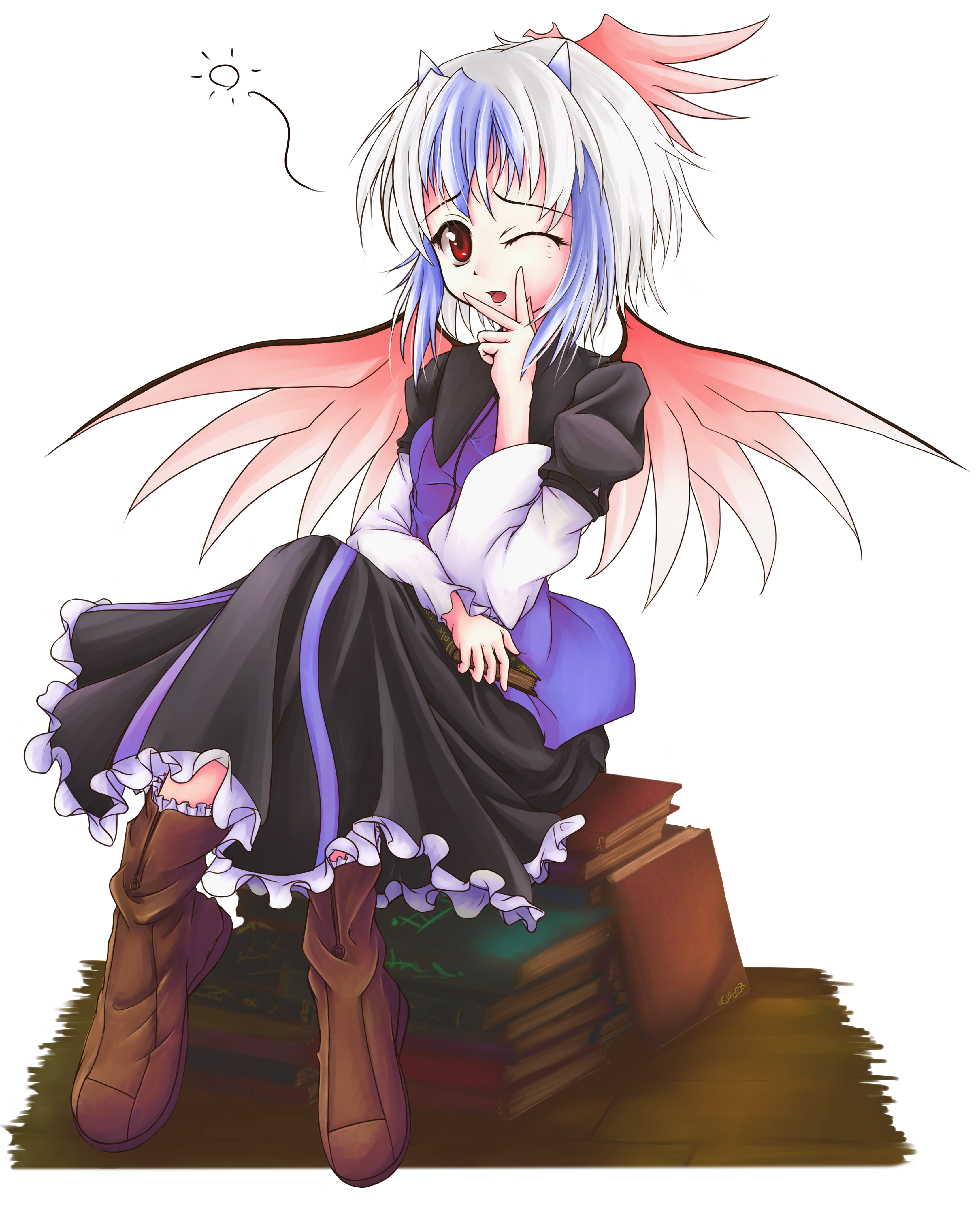 gr (artist), tokiko (touhou), curiosities of lotus asia, touhou, absurdres, highres, 1girl, book, boots, dress, female focus, full body, head wings, horns, multicolored hair, red eyes, short hair, sitting, solo, transparent background, wings, wink