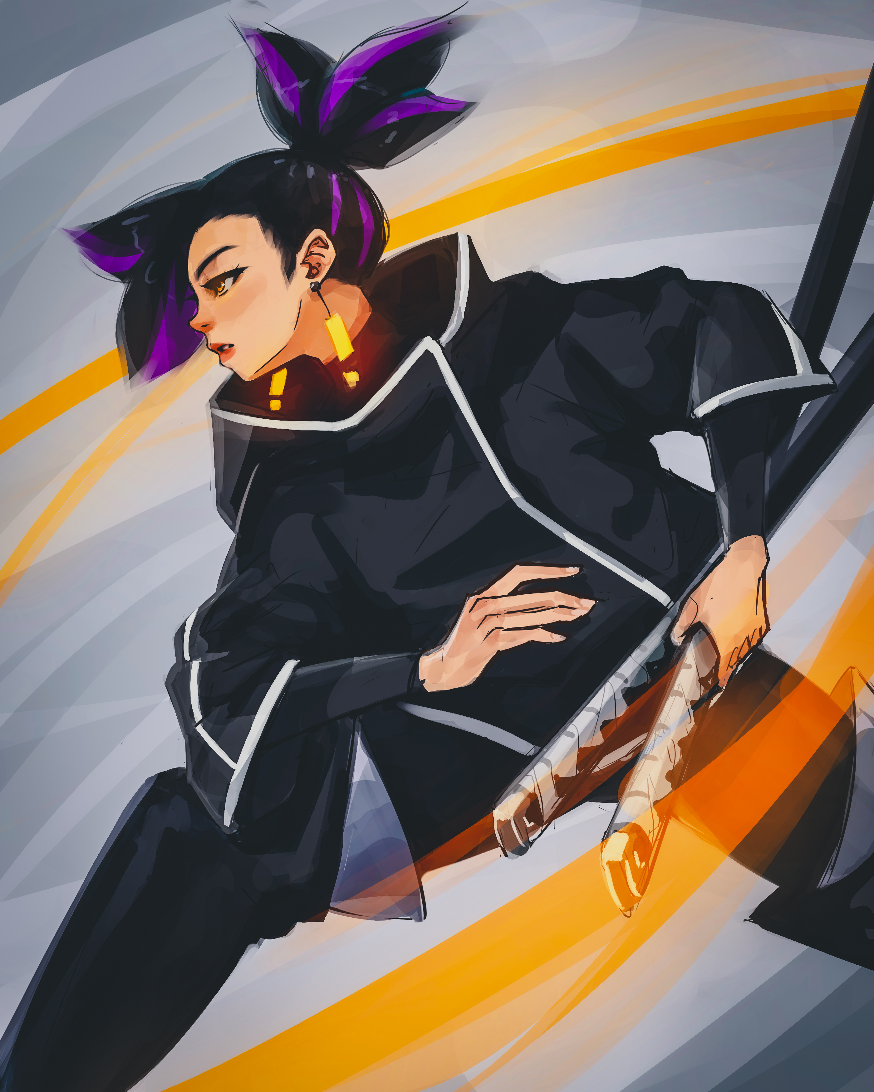 titanartx, original, absurdres, commentary, highres, 1girl, black boots, black coat, black hair, boots, coat, cowboy shot, earrings, fighting stance, from side, grey background, holding, holding sword, holding weapon, jewelry, looking ahead, multicolored hair, orange eyes, parted lips, ponytail, purple hair, scabbard, sheath, sheathed, short hair, short ponytail, solo, sword, thigh boots, two-tone hair, weapon