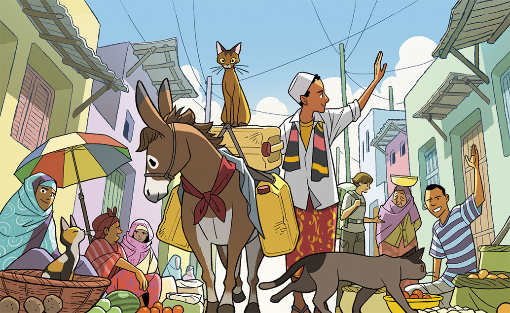 gurihiru, original, commentary request, black hair, bowl, brown hair, calico (pattern), calico cat, cat, cloud, coconut, dark-skinned female, dark-skinned male, dark skin, day, donkey, ethiopia, ethiopian clothes, food, fruit, gas can, glasses, hat, hijab, house, multiple boys, multiple girls, open mouth, orange (fruit), pink hijab, power lines, profile, shirt, short hair, sitting, striped clothes, striped shirt, umbrella, watermelon, waving, white hat