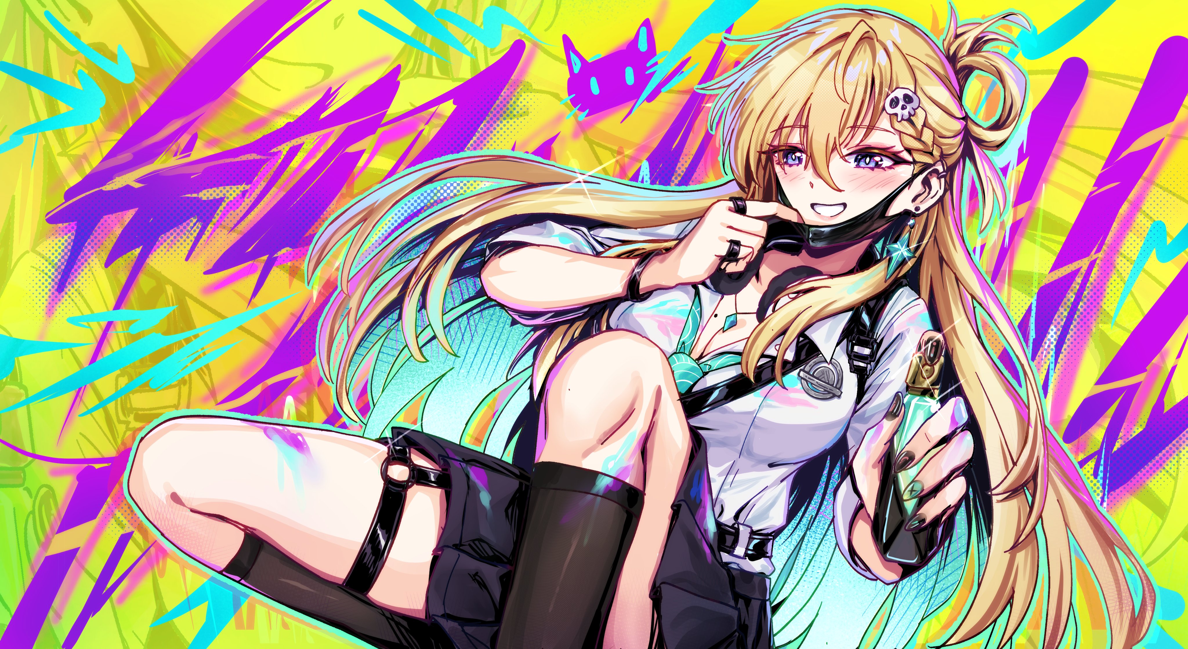 flareza, lynae (wuthering waves), wuthering waves, absurdres, commentary, highres, 1girl, black skirt, black socks, blonde hair, braid, braided bangs, breasts, cleavage, colorful background, graffiti, hair between eyes, hair ornament, holding, holding spray can, long hair, looking at viewer, mask, mask pull, medium breasts, mouth mask, purple eyes, shirt, shirt tucked in, skirt, skull hair ornament, smile, socks, solo, spray can, white shirt