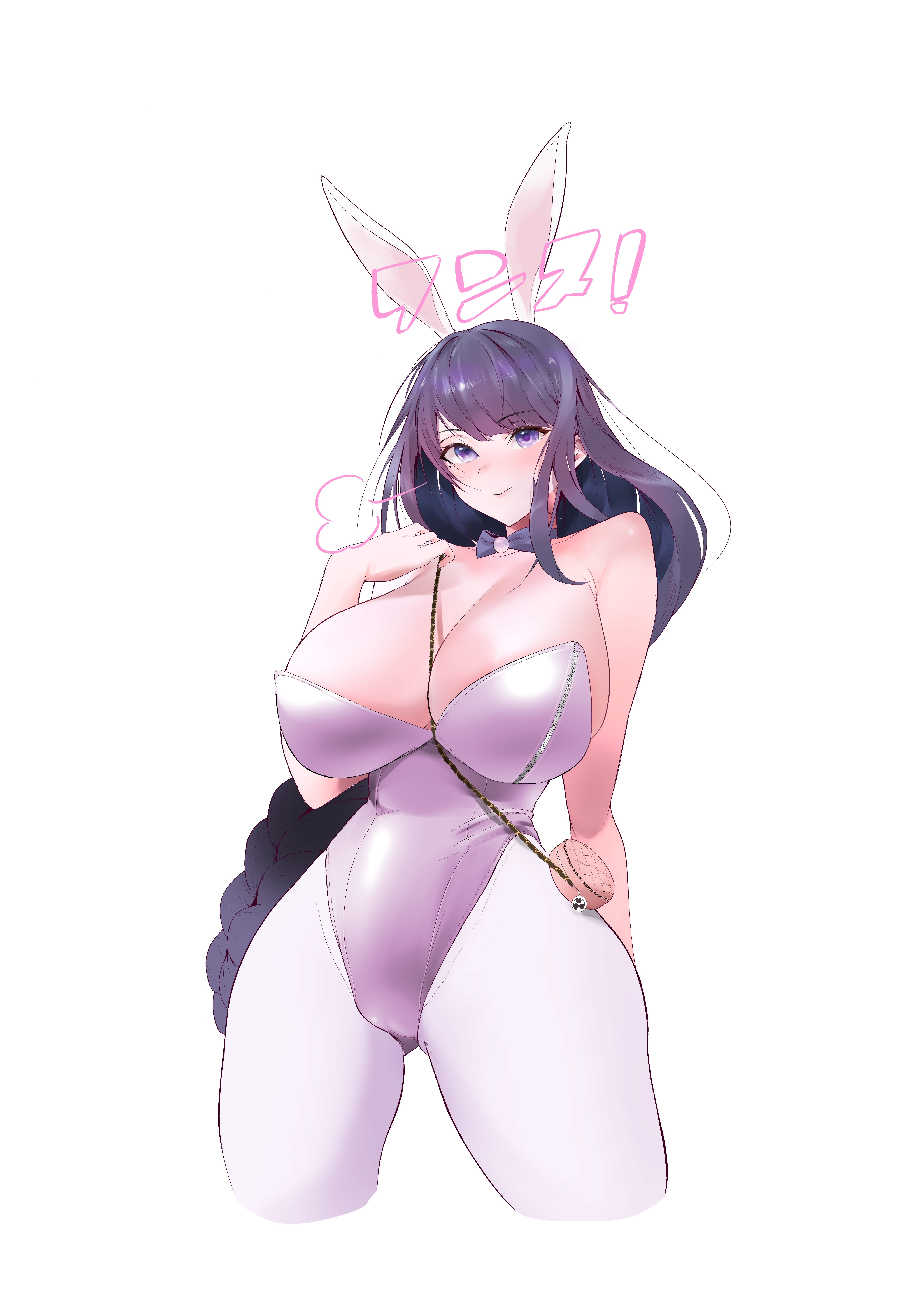 minoru amayi, raiden shogun, genshin impact, absurdres, commentary, highres, translation request, 1girl, alternate costume, animal ears, bare shoulders, blunt bangs, blush, bow, bowtie, braid, breasts, closed mouth, fake animal ears, gradient hair, head tilt, huge breasts, large breasts, light smile, long braid, looking at viewer, mole, mole under eye, multicolored hair, pantyhose, playboy bunny, purple eyes, purple hair, rabbit ears, sigh, simple background, single braid, solo, thighs, upper body, white background
