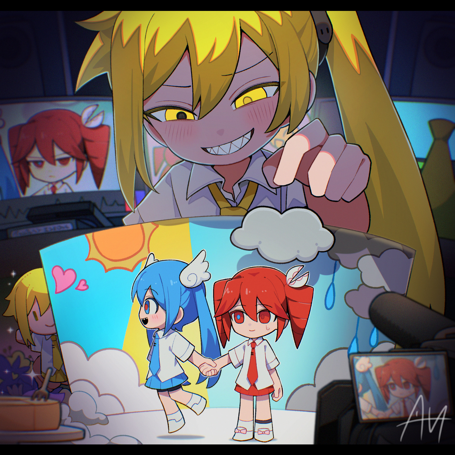 sato (r017xts117), akita neru, hatsune miku, kasane teto, vocaloid, commentary request, highres, alternate costume, baumkuchen endroll, blonde hair, blue eyes, blue hair, blue necktie, blue skirt, chibi, closed mouth, cloud, collared shirt, day, drill hair, grin, heart, holding hands, long hair, miniskirt, mismatched pupils, monitor, necktie, open mouth, outdoors, rain, red eyes, red hair, red necktie, red skirt, shirt, shoes, short sleeves, side ponytail, signature, skirt, smile, sun, twin drills, twintails, white shirt, white shoes, yellow eyes, yellow necktie