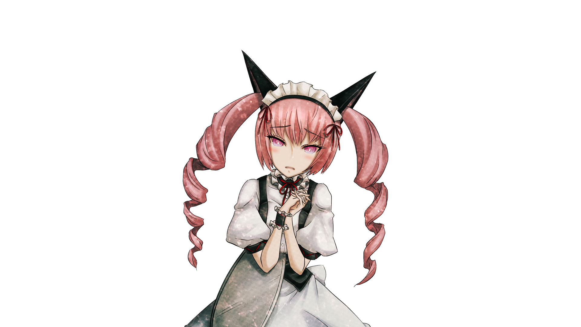 huke, akiha rumiho, science adventure, steins;gate, game cg, highres, non-web source, official art, 1girl, animal ear hairband, animal ears, apron, back bow, belt around waist, belt buckle, blush, bow, breasts, buckle, buttons, cat ears, closed mouth, collar, dress, drill hair, embarrassed, fake animal ears, frilled collar, frilled dress, frilled hairband, frilled wrist cuffs, frills, hair between eyes, hairband, holding, holding tray, long hair, looking at viewer, maid, maid apron, maid headdress, mayqueen maid uniform, own hands clasped, own hands together, pink hair, pink lips, puffy short sleeves, puffy sleeves, red ribbon, ribbon, ribbon-trimmed collar, ribbon-trimmed corset, ribbon-trimmed hairband, ribbon-trimmed sleeves, ribbon trim, ringed eyes, short sleeves, single wrist cuff, small breasts, solo, sprite, square pupils, tray, tsurime, twin drills, twintails, white apron, white bow, white dress, white wrist cuffs, wrist cuffs