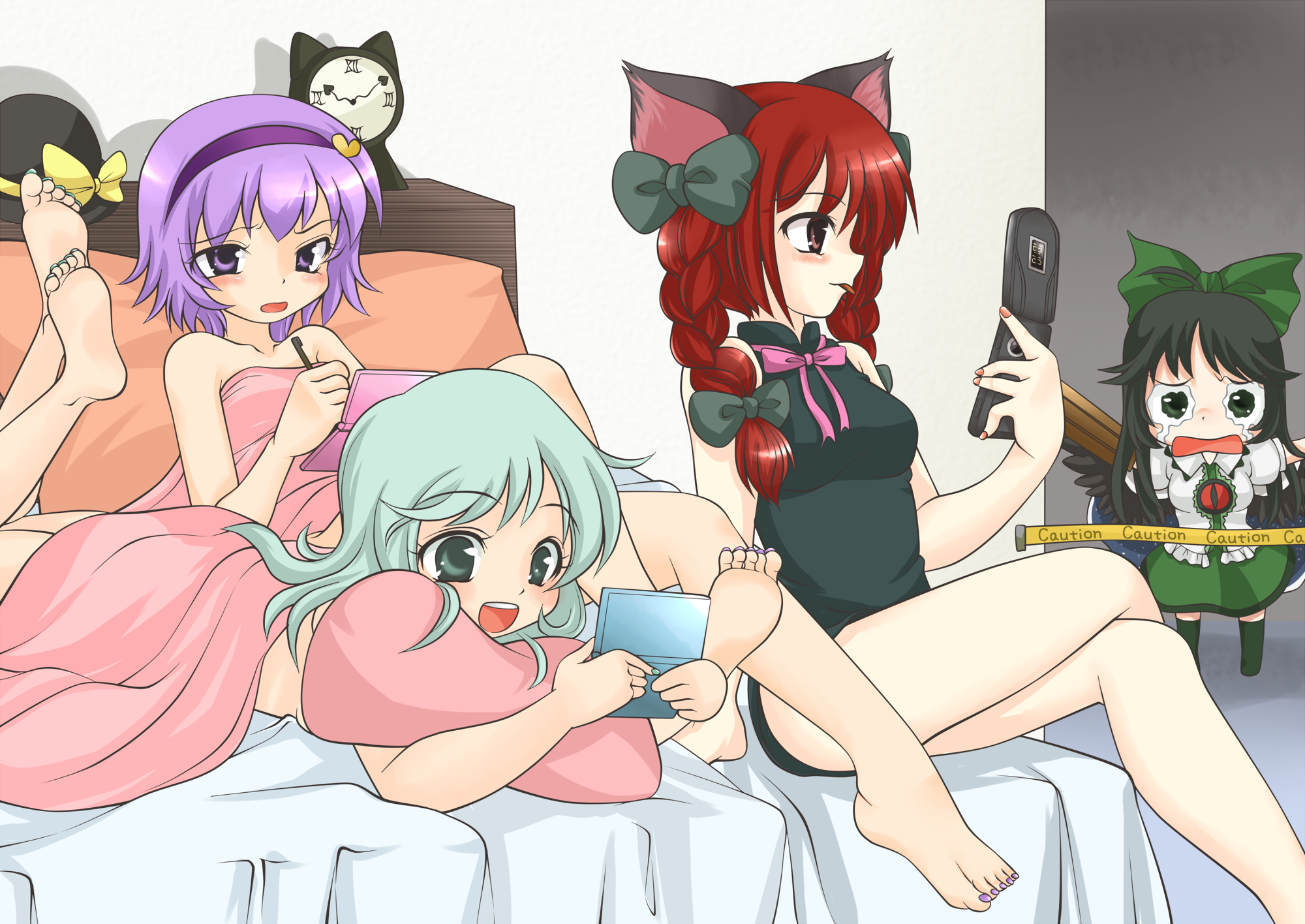 kotomi (artist), kotomi (happy colors), kaenbyou rin, komeiji koishi, komeiji satori, reiuji utsuho, touhou, highres, 4girls, alternate costume, animal ears, bare legs, barefoot, bed, bed sheet, black hair, blanket, blue hair, braid, cat ears, cat girl, caution tape, cellphone, contemporary, crossed legs, feet, female focus, green nails, hairband, handheld game console, legs, multiple girls, nail polish, naked sheet, nintendo ds, nude, phone, pillow, pink nails, playing games, purple eyes, purple hair, purple nails, red eyes, sitting, tears, twin braids