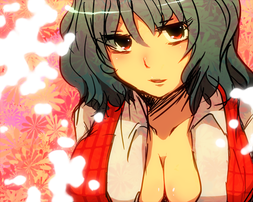 aoi (annbi), kazami yuuka, touhou, lowres, 1girl, breasts, cleavage, female focus, flower, green hair, large breasts, plant, red eyes, short hair, solo, upper body