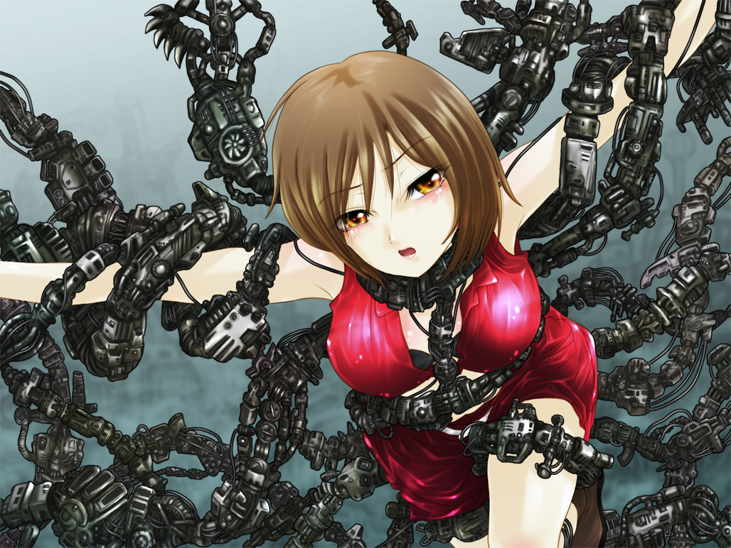 meiko (vocaloid), vocaloid, 1girl, bdsm, blush, bondage, bound, bra, brown eyes, brown hair, dress, female focus, lingerie, machine, red dress, short hair, solo, tentacles, underwear