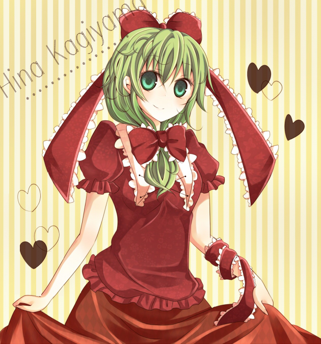 meisato, kagiyama hina, touhou, bad id, bad pixiv id, 1girl, bow, character name, collar, dress, female focus, frills, front ponytail, green eyes, green hair, hair ribbon, heart, laces, matching hair/eyes, ribbon, romaji text, simple background, skirt basket, skirt hold, smile, solo, striped background, vertical stripes
