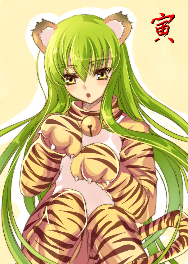 meimi k, c.c., code geass, 00s, 1girl, animal costume, animal ears, animal hands, animal print, bell, blush, female focus, gloves, green hair, jingle bell, kemonomimi mode, long hair, paw gloves, solo, tail, tiger, tiger ears, tiger print, tiger tail, yellow eyes