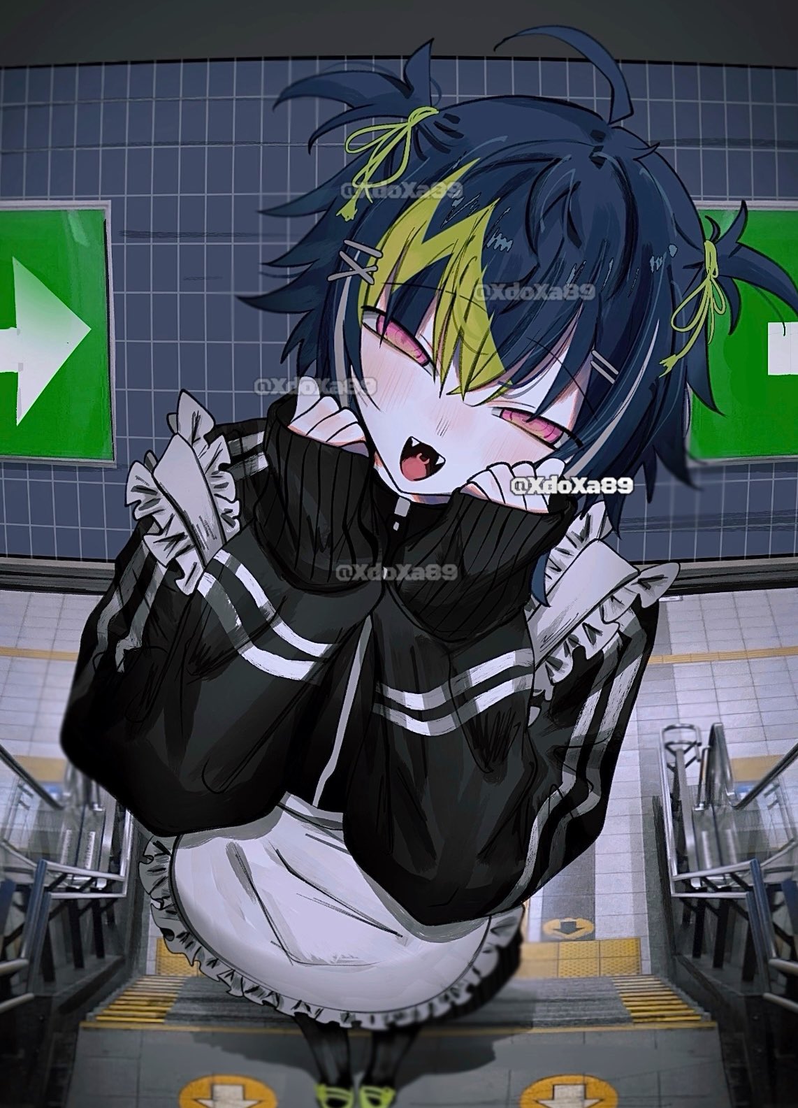 xdoxa89, inami rai, nijisanji, commentary, highres, symbol-only commentary, 1boy, ahoge, alternate costume, apron, arrow (symbol), black hair, black jacket, clenched hands, fangs, foreshortening, full body, green hair, green shoes, hair ornament, hairclip, hand on own cheek, hand on own face, hands up, head tilt, jacket, jersey maid, looking at viewer, maid, maid apron, male focus, multicolored hair, open mouth, parallel hairclips, pink eyes, shoes, short hair, sign, sleeves past wrists, smile, solo, standing, tile floor, tile wall, tiles, two-tone hair, two side up, unconventional maid, virtual youtuber, x hair ornament