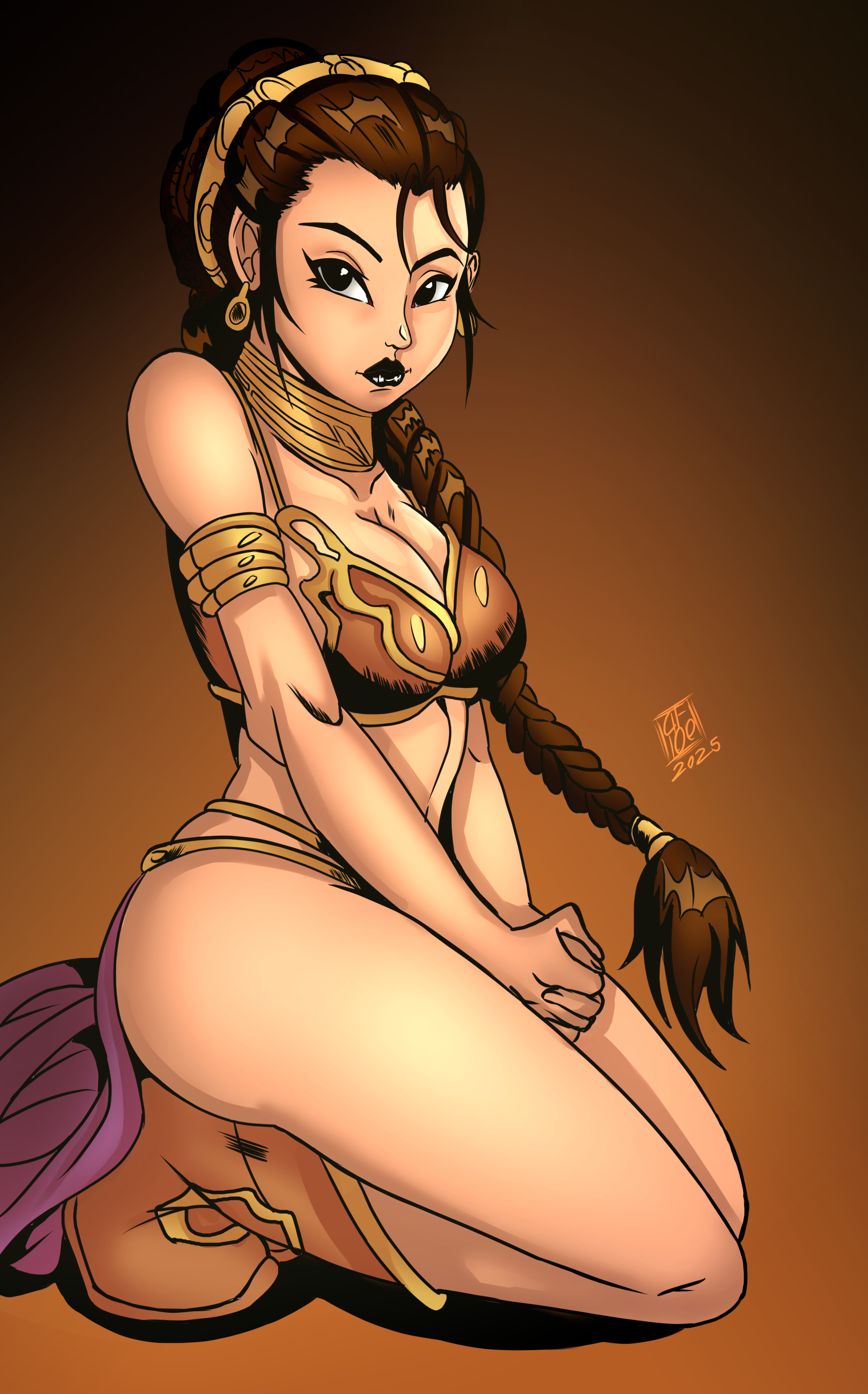 darkfang100, princess leia, disney, star wars, absurdres, commentary, english commentary, highres, 1girl, bikini, black eyes, boots, braid, braided ponytail, breasts, brown hair, large breasts, lipstick, makeup, own hands together, ponytail, seiza, simple background, sitting, slave, swimsuit